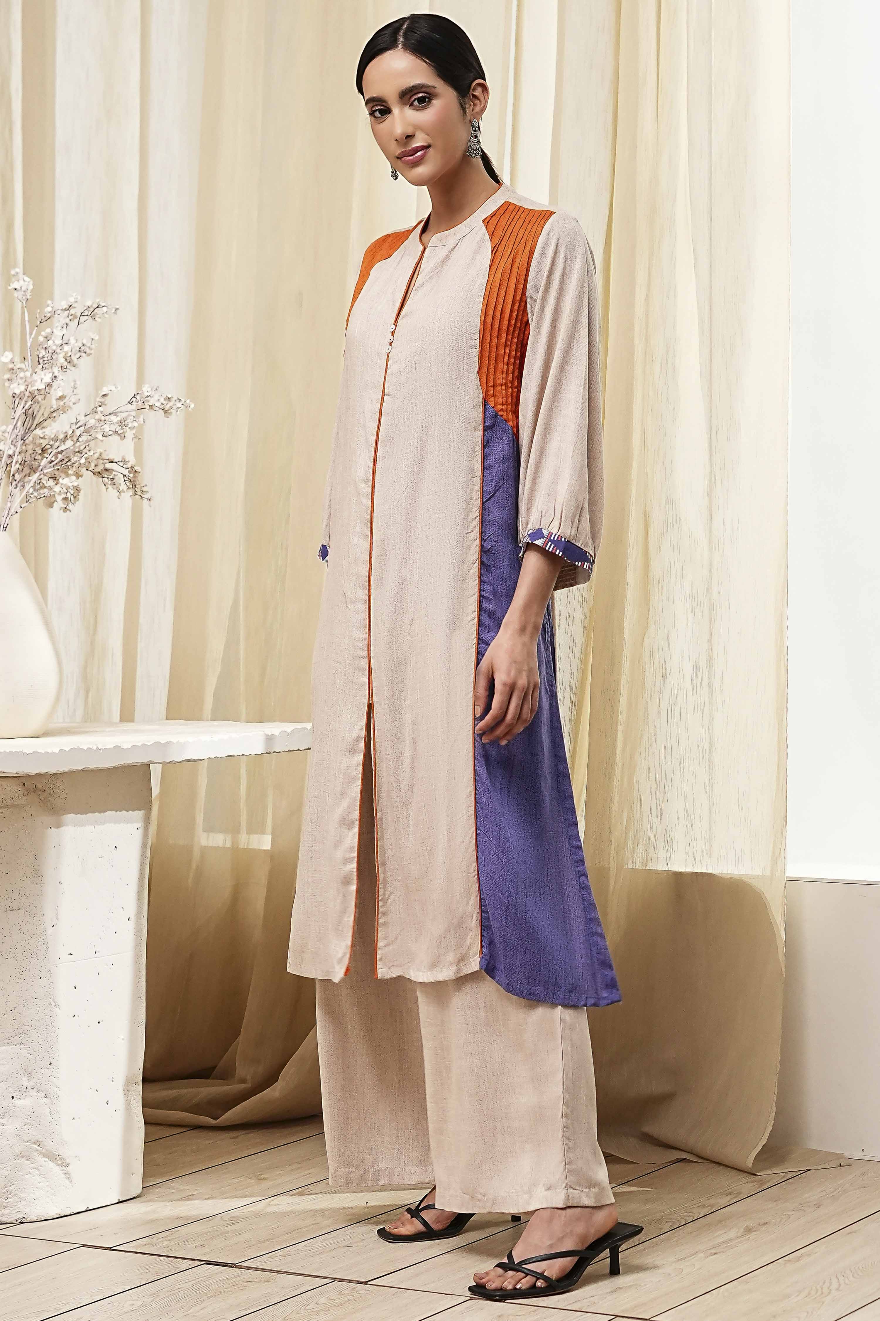 Beige Straight Printed Kurta Set image number 3