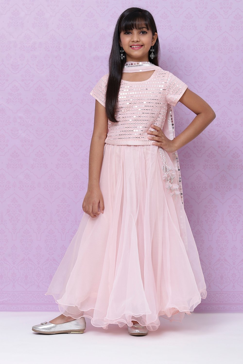 Pastel Pink Poly Cotton Girls Lehenga Set image number 4