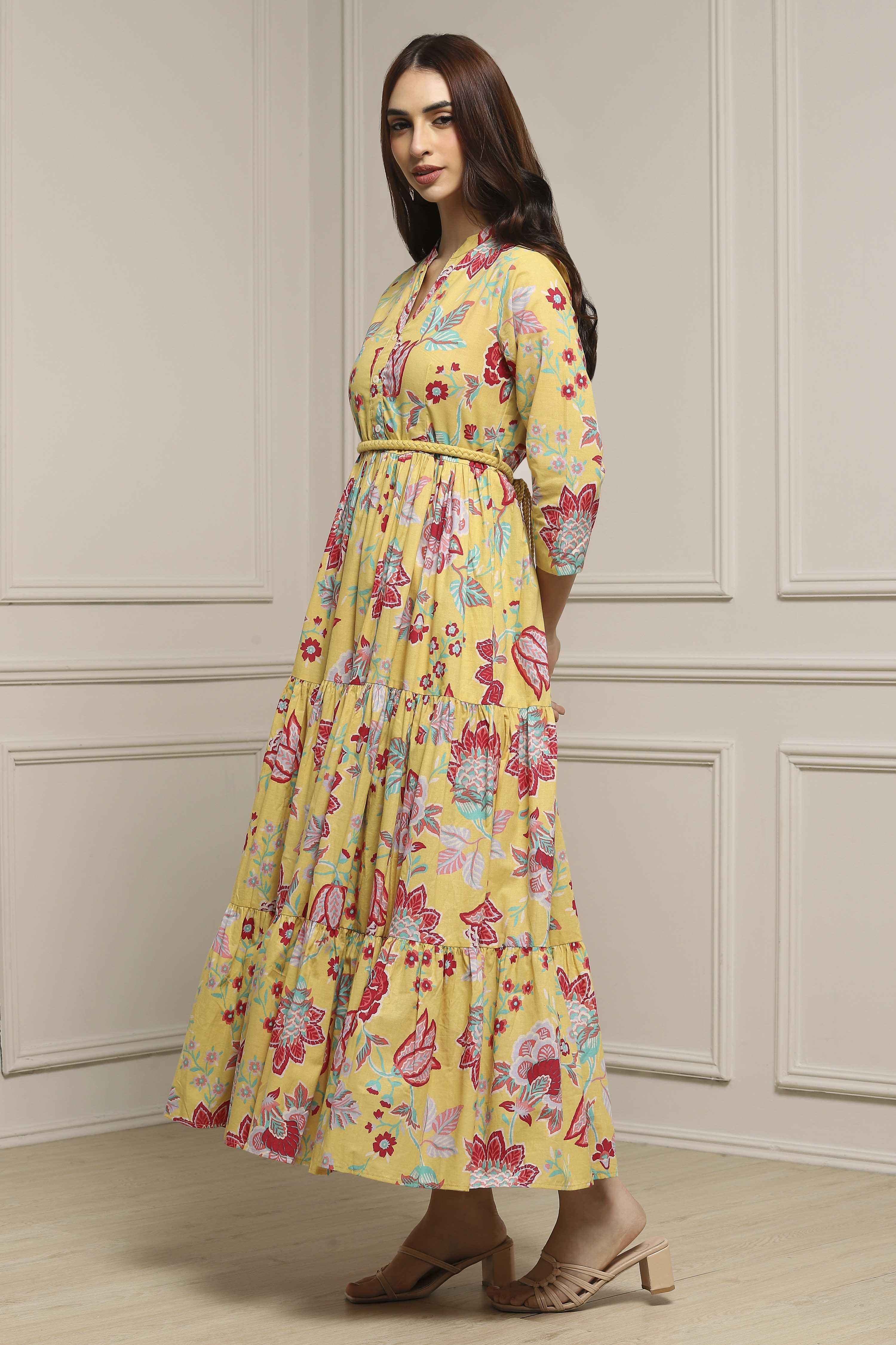 Earthy Blue Cotton Floral Tiered Dress image number 2