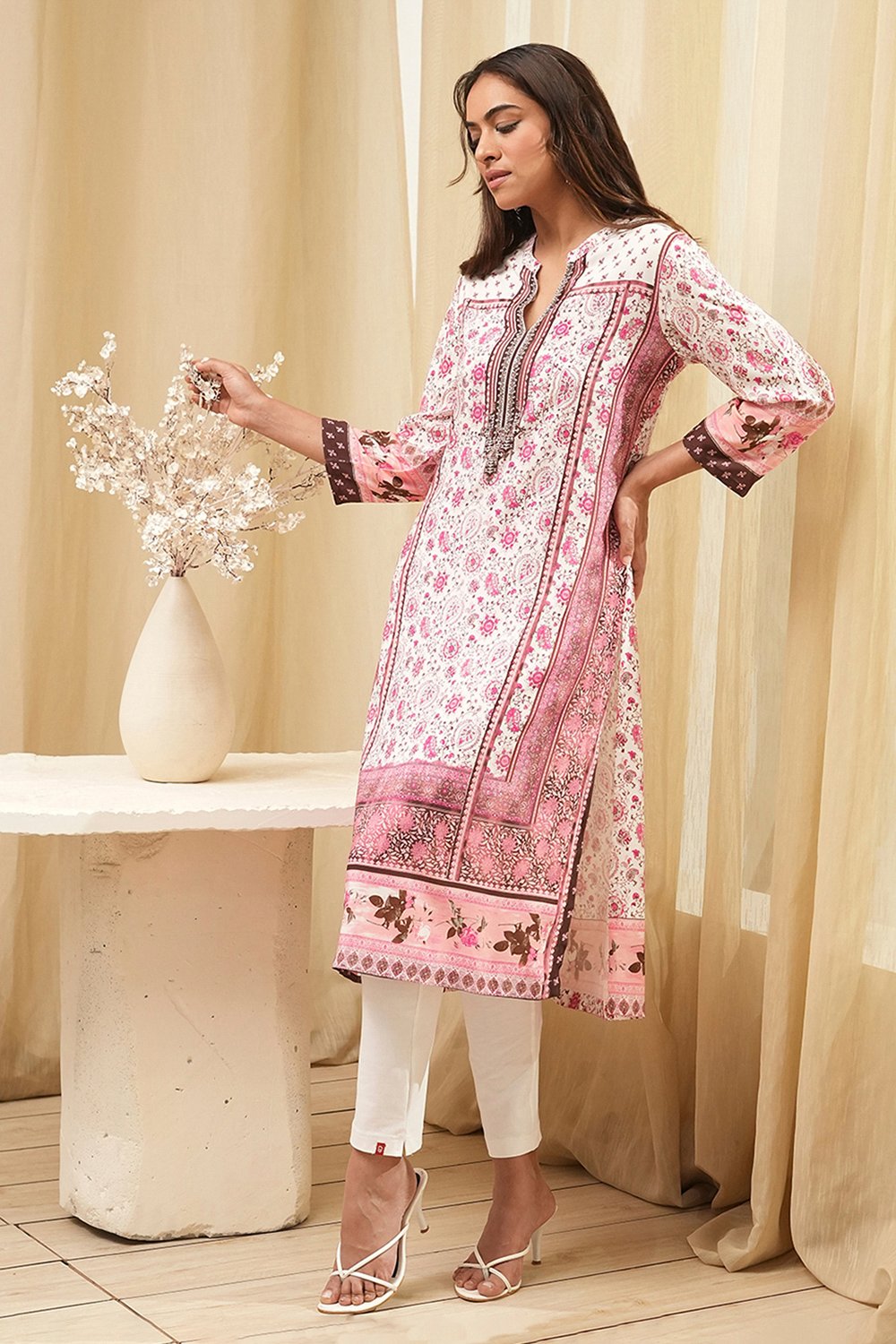 Peach Rayon A-Line Printed Kurta image number 0