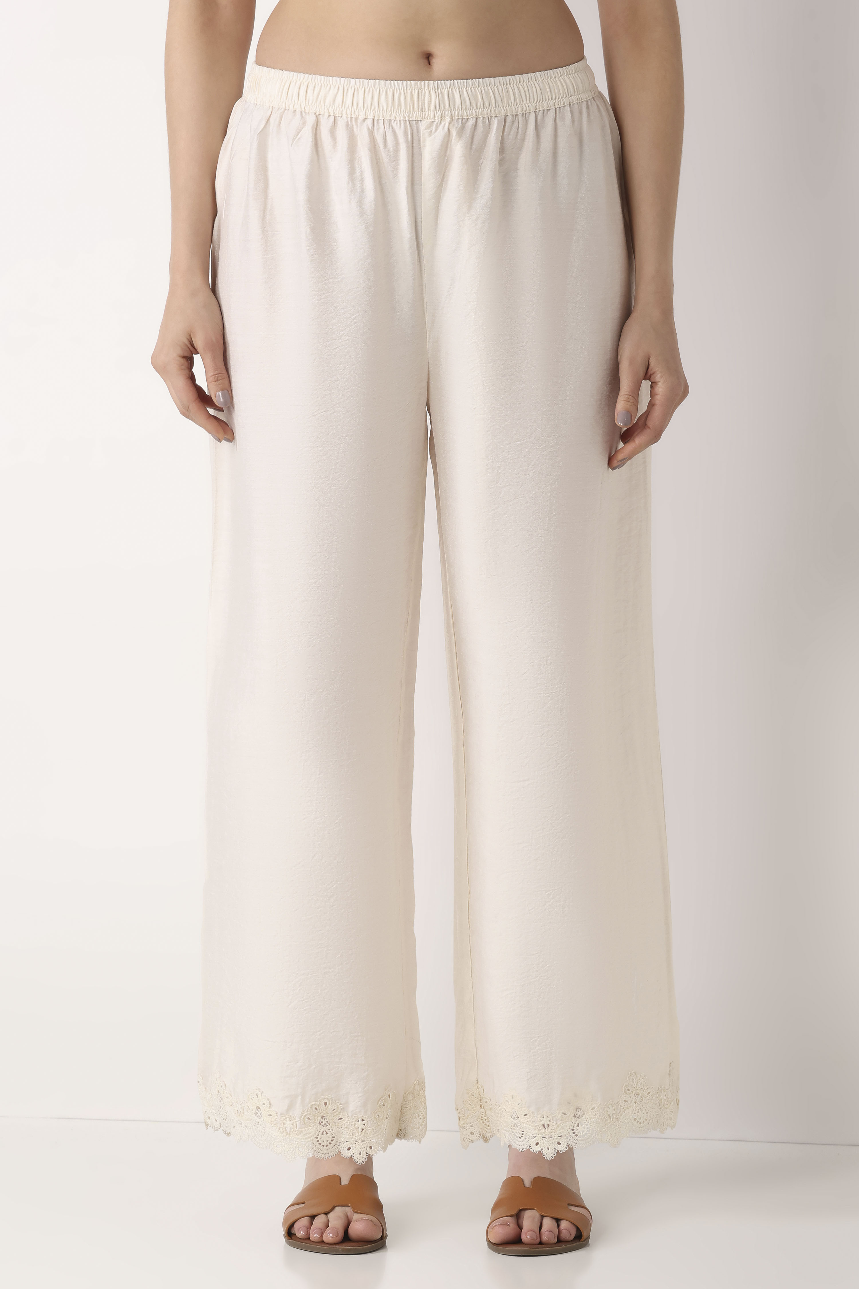 Off White Viscose Blend Straight Palazzos image number 4