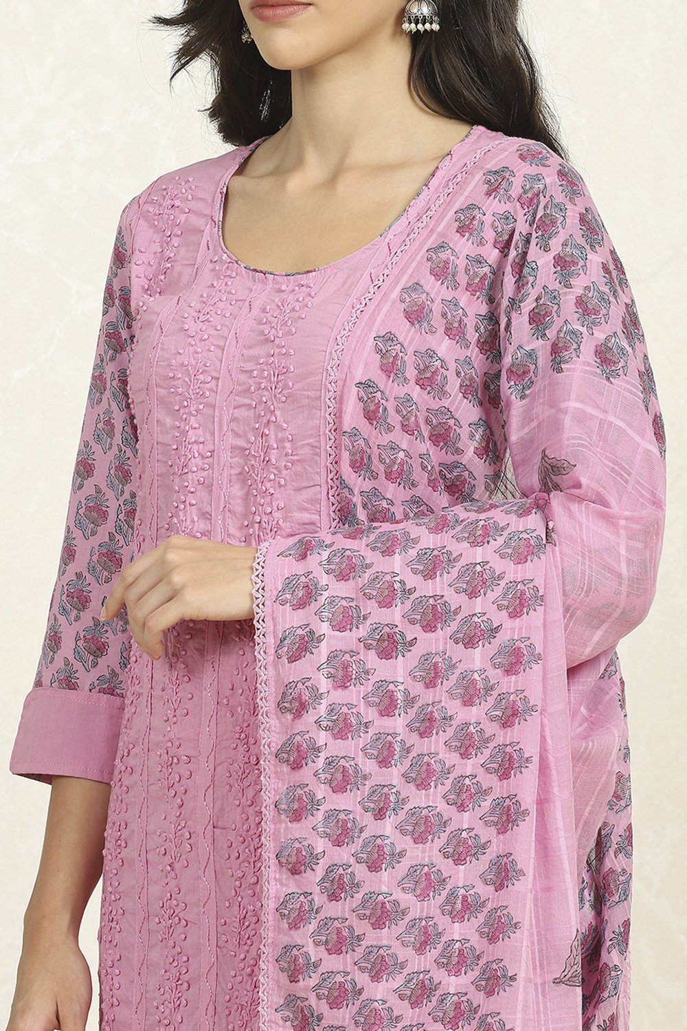 Purple Cotton Unstitched Suit Set image number 2