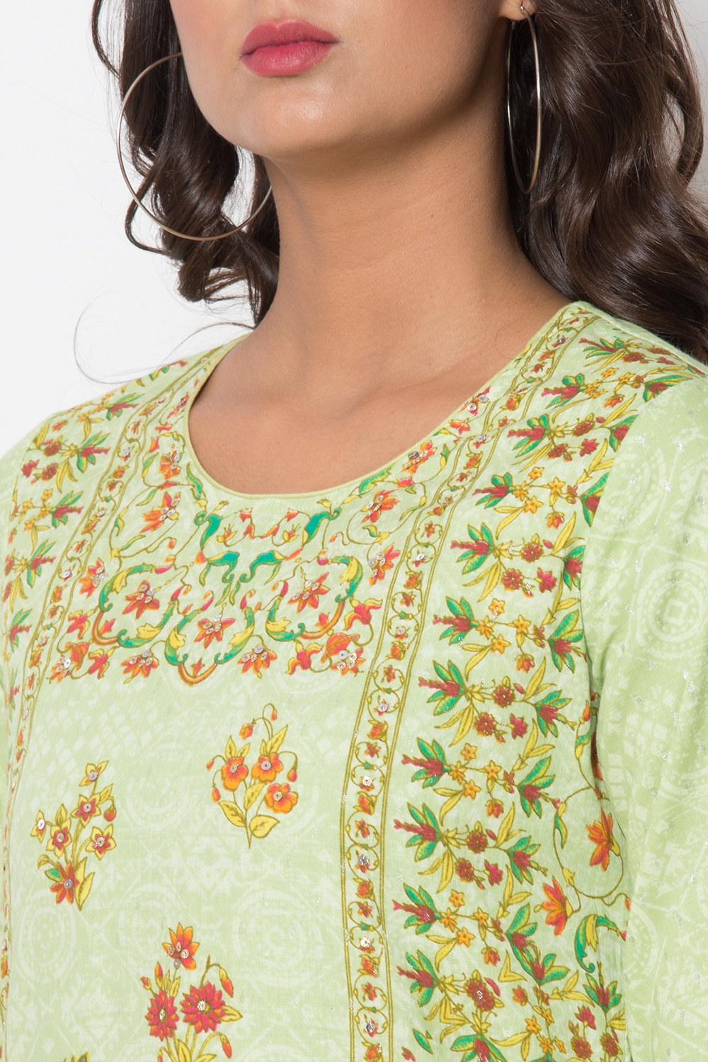 Green Metallic Cotton Straight Printed Kurta image number 1