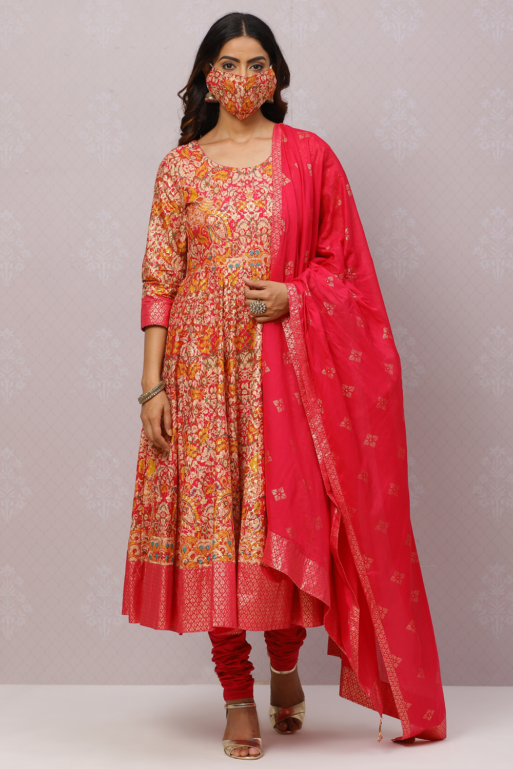 Fuschia Cotton Anarkali Kurta Churidar Suit Set image number 4