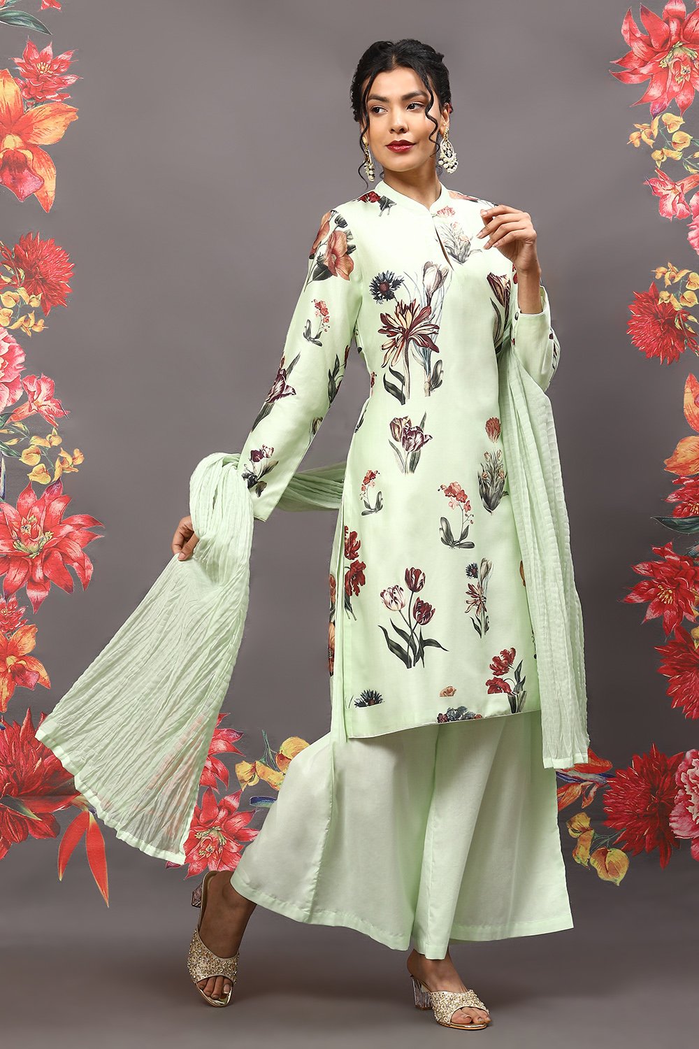 Rohit Bal Mint Green Cotton Blend Straight Kurta Suit Set image number 6