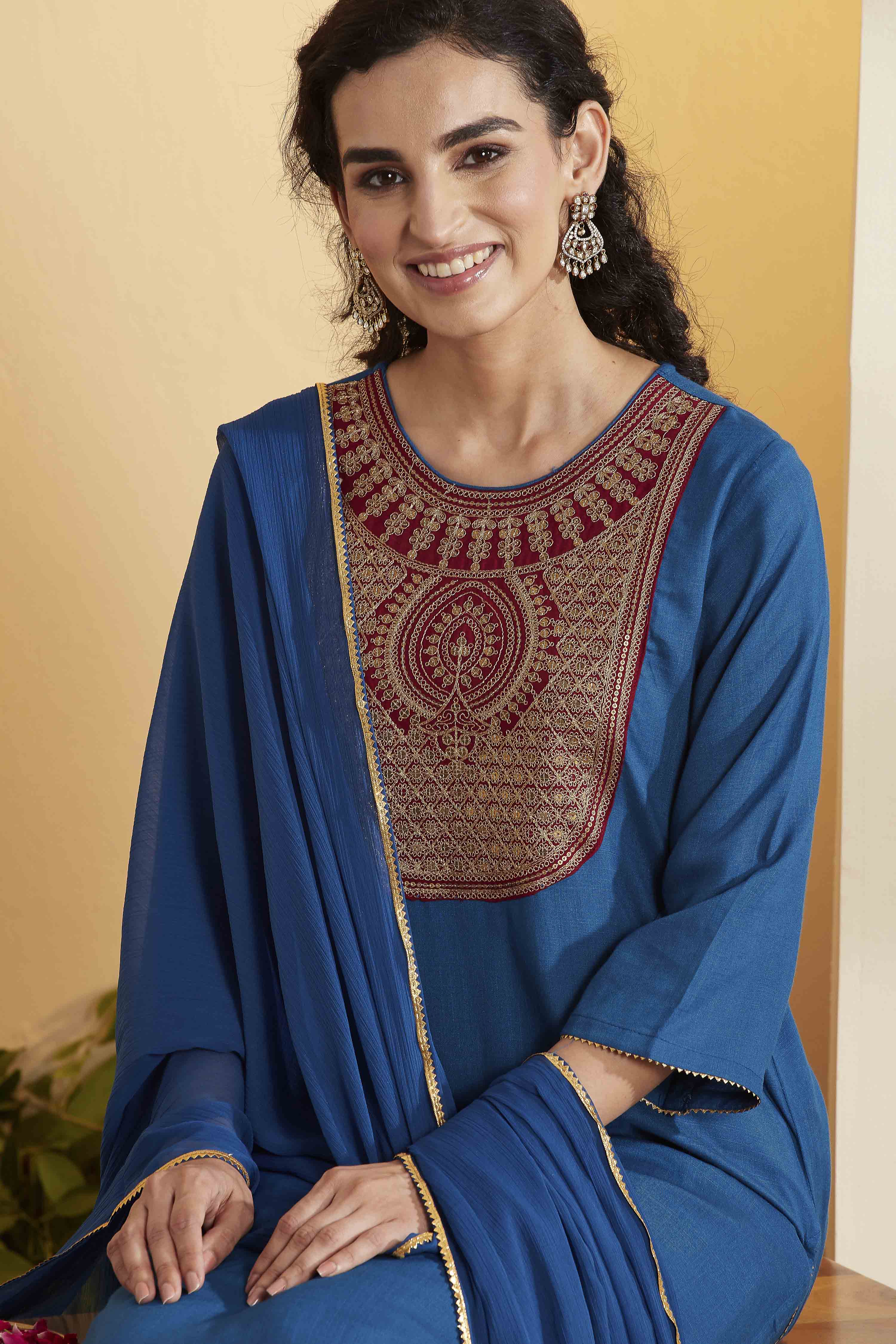 Blue Viscose Rayon Yoke Design Straight Kurta Set image number 1