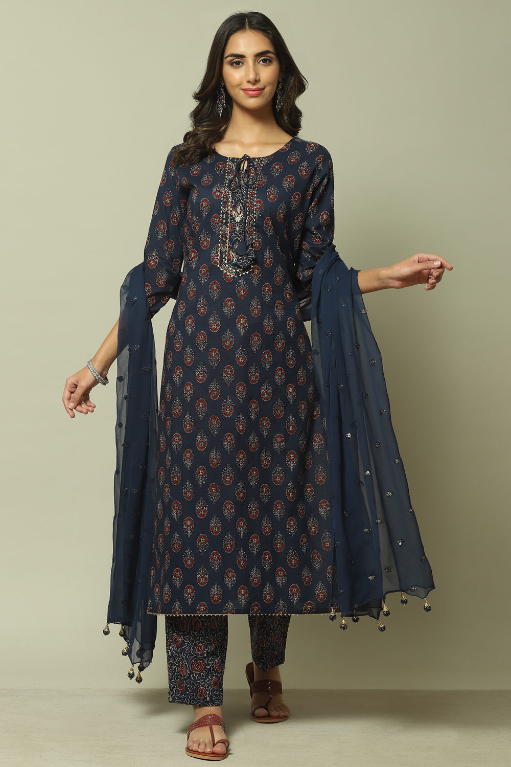 Indigo Cotton Hand Block Print Unstitched Suit Set image number 1