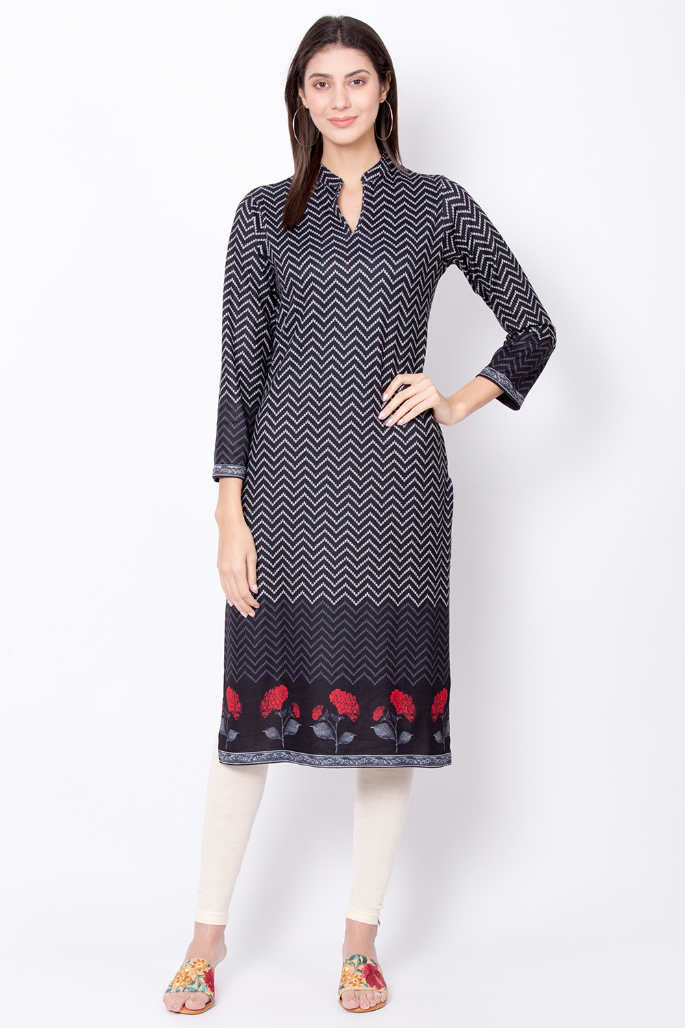 Black Straight Winter Printed Kurta image number 0