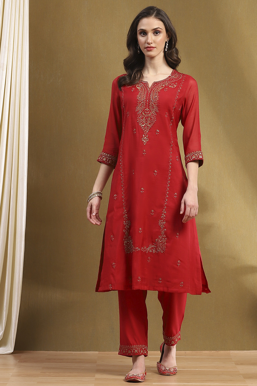Yellow Embroidered Festive Straight Suit Set image number 6