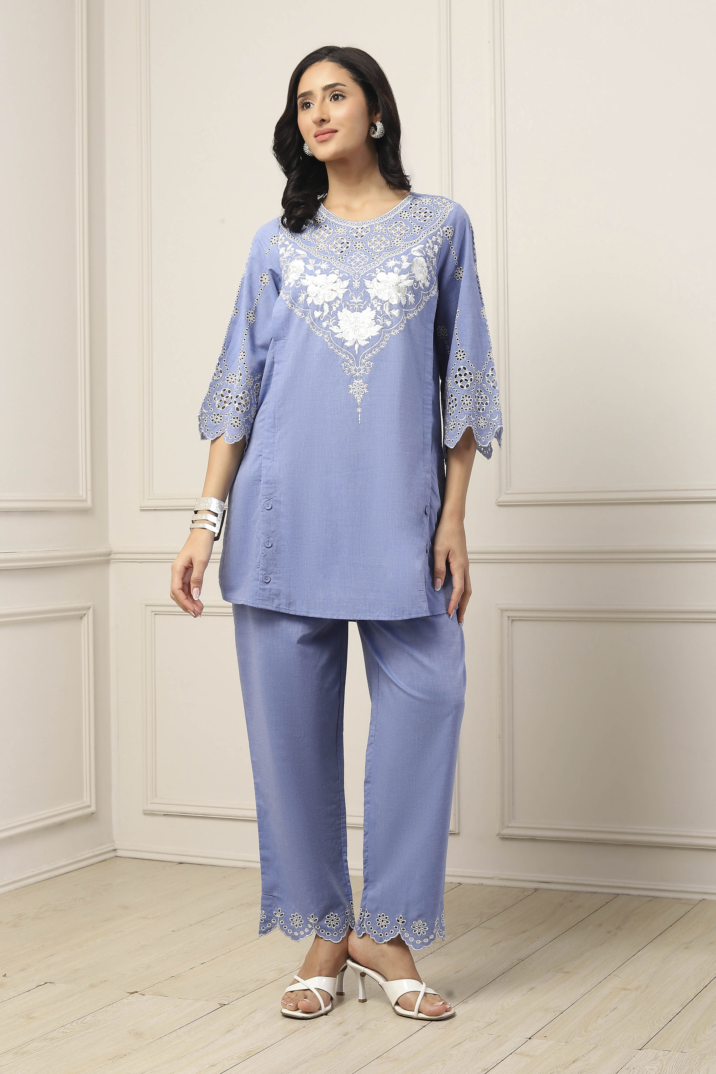 Blue Cotton Embroidered Cutwork Straight Suit Set image number 6