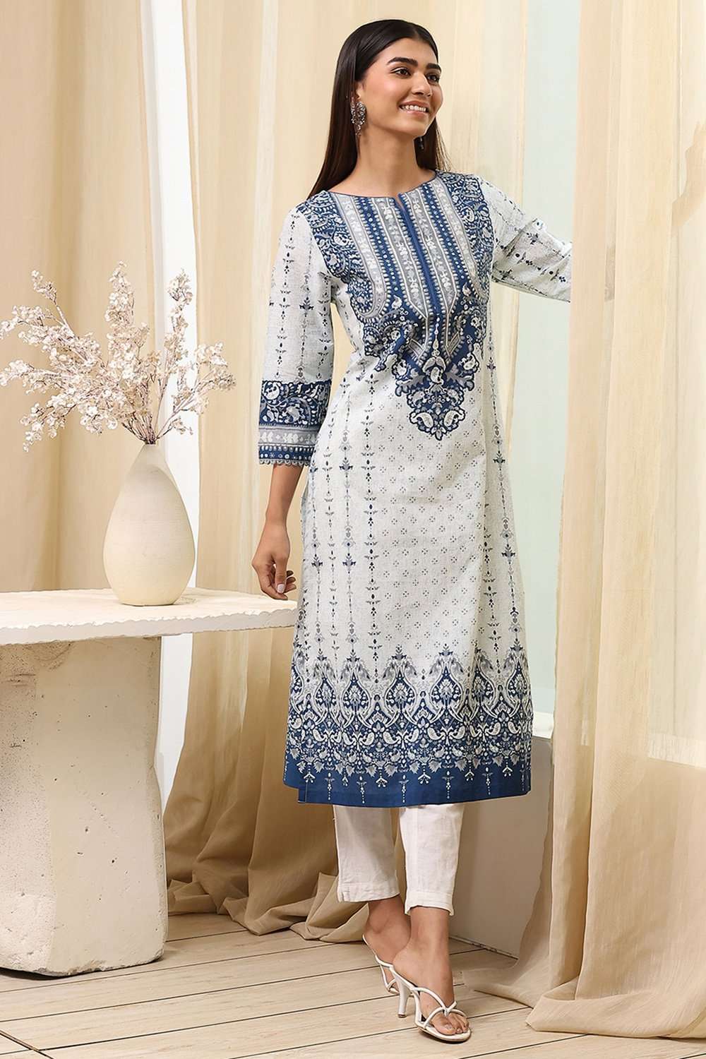 Blue Cotton Straight Printed Kurta image number 0