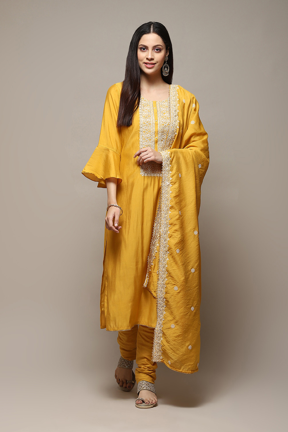 Yellow Chanderi Hand Embroidered Unstitched Suit Set image number 8