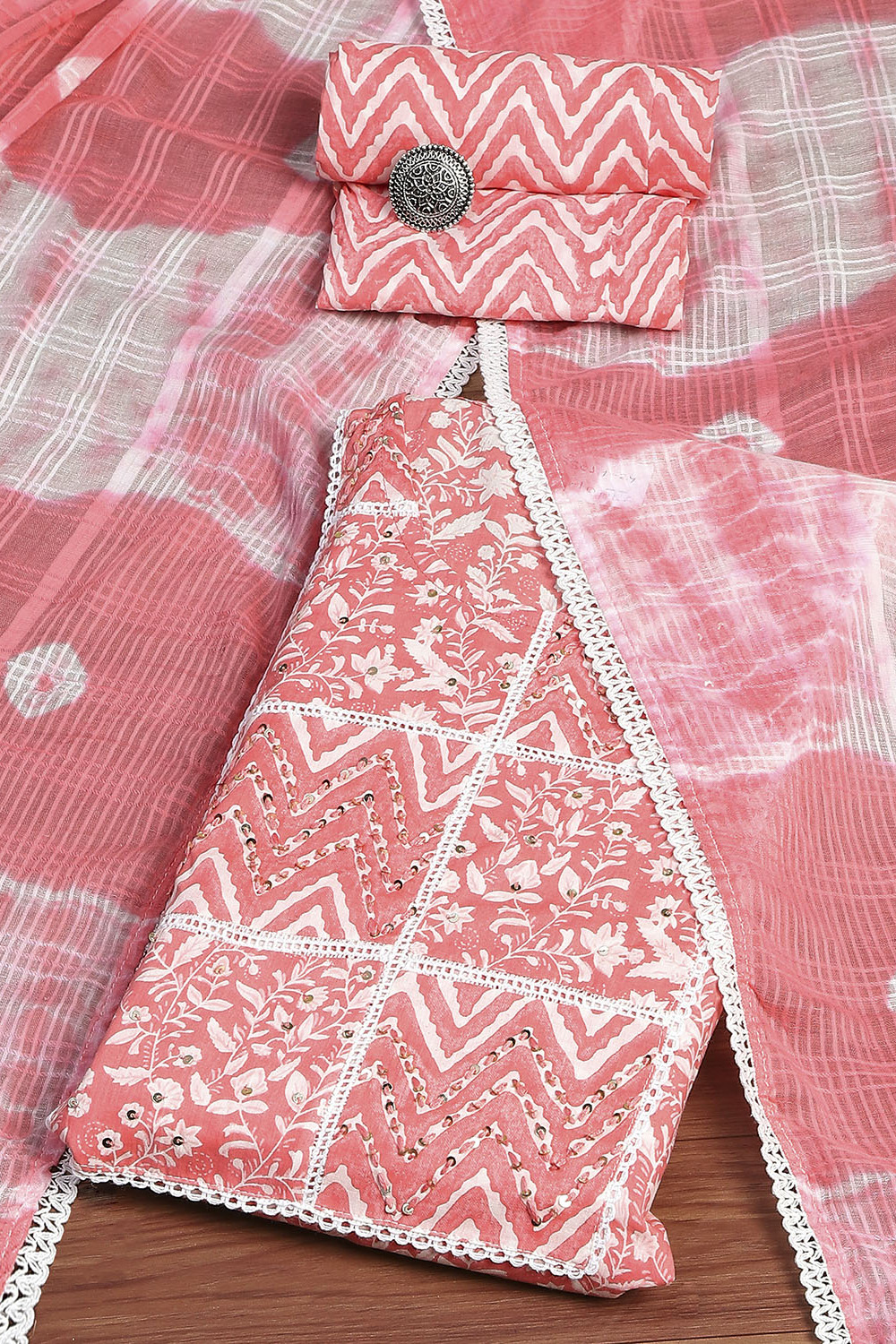 Grey Cotton Floral Printed Unstitched Suit Set image number 0