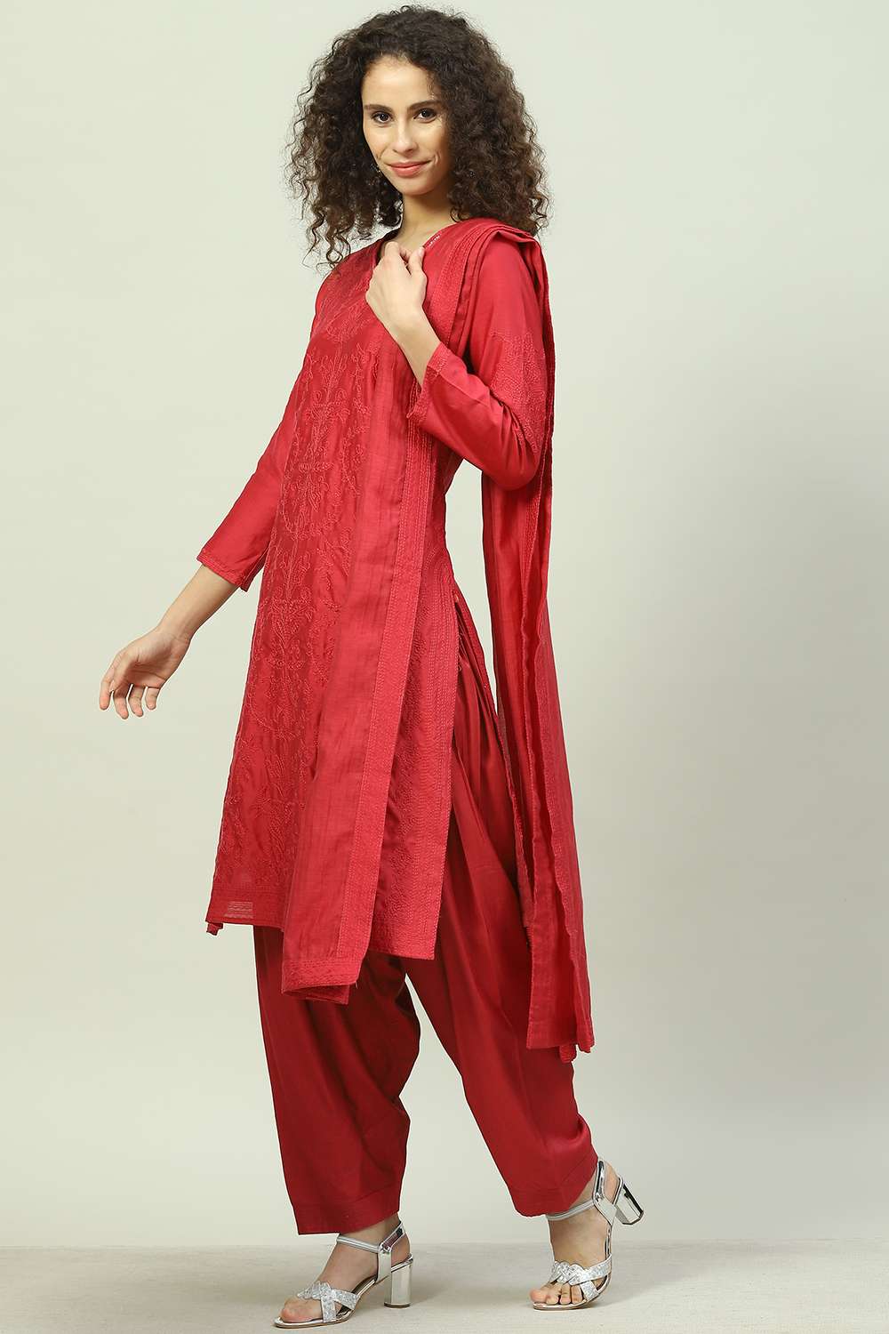 Buy Berry Red Cotton Silk Straight Kurta Salwar Pant Suit Set