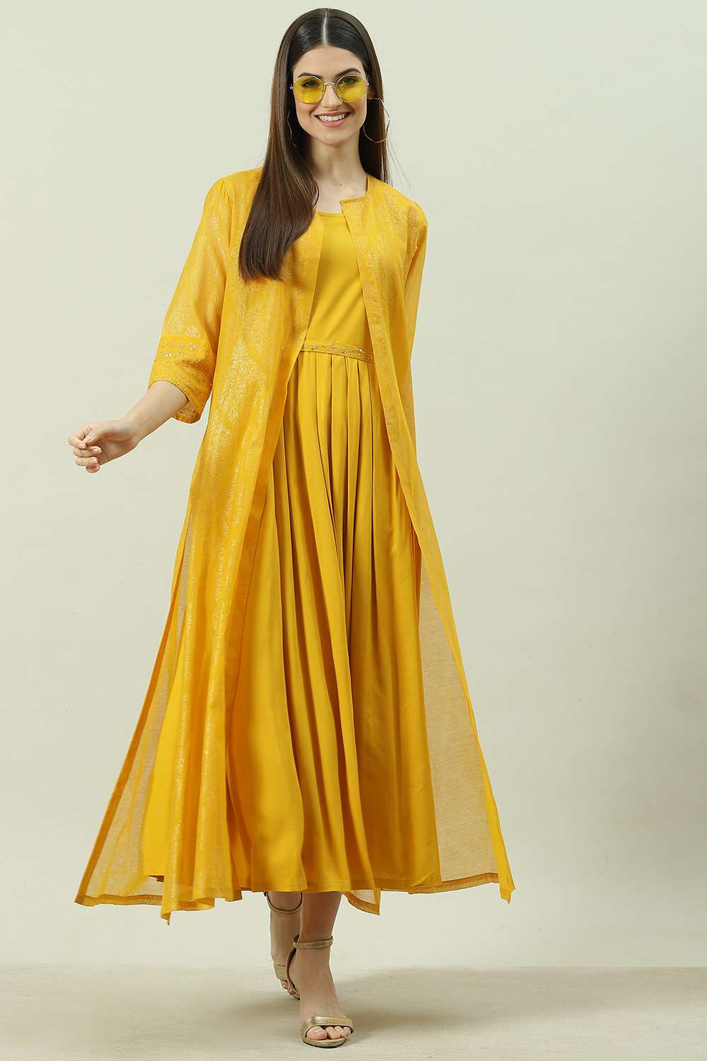 Mustard Art Silk Flared with Cape Dress at Biba India