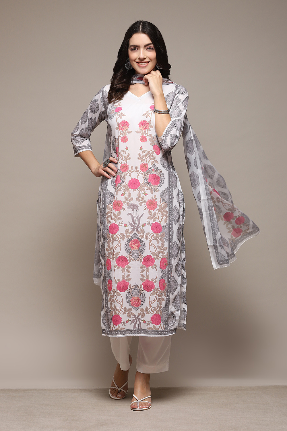 White Silk Blend Digital Print Unstitched Suit Set image number 8