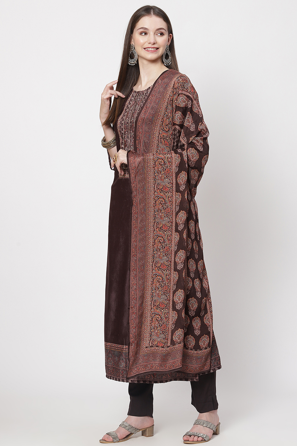 Multicolour Velvet Unstitched Suit Set image number 6