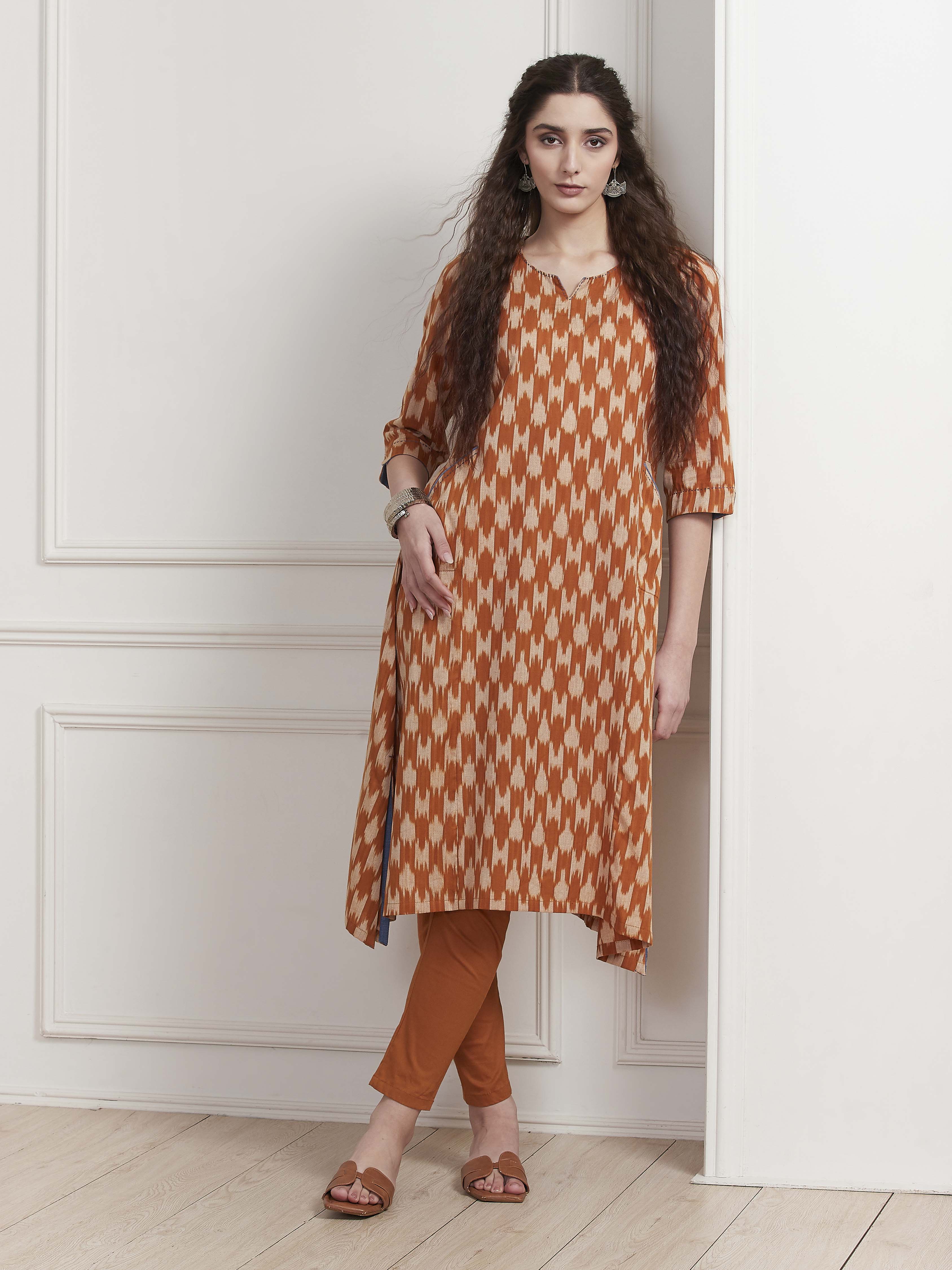 Rust Cotton Ikat Printed A-Line Kurta image number 6