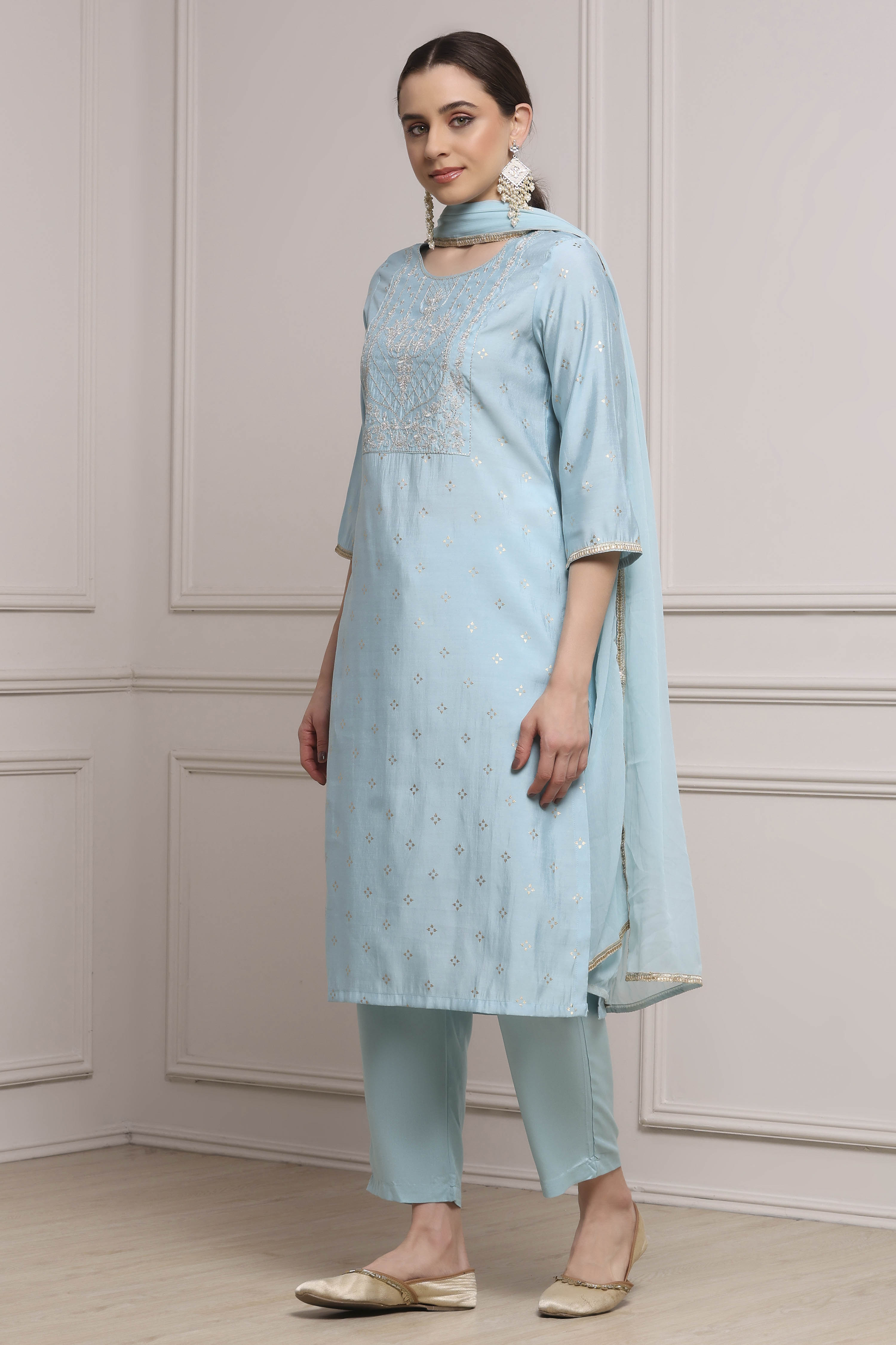 Aqua Viscose Blend Printed Straight Suit Set image number 5