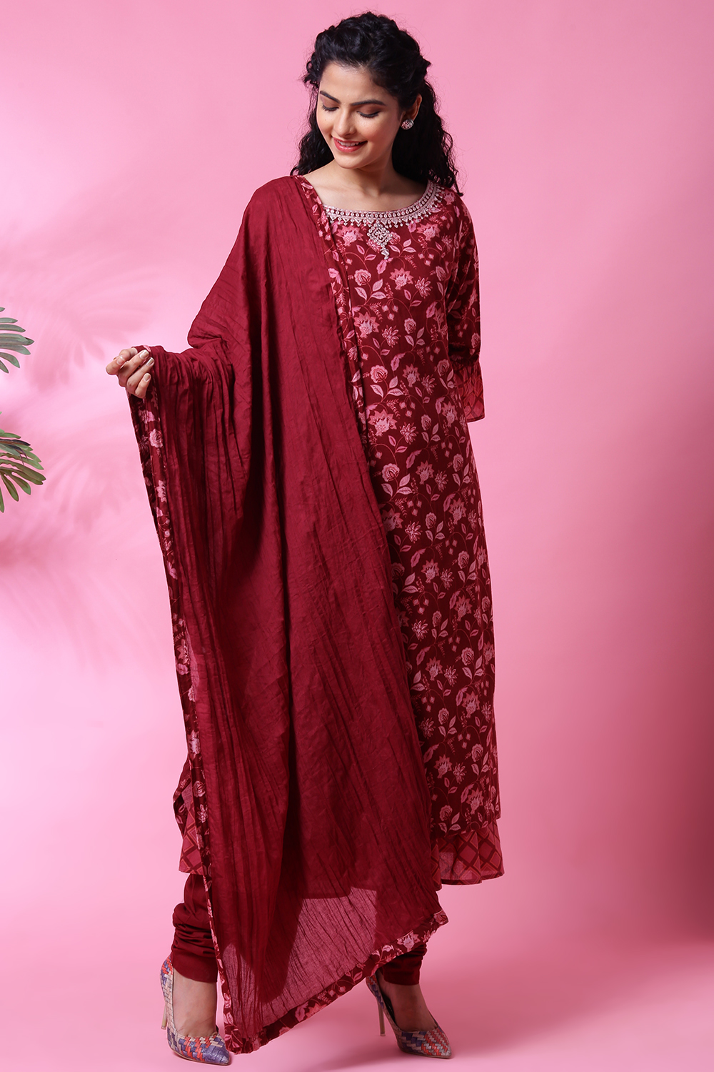 Maroon Cotton Double Layered Kurta Churidar Suit Set image number 7