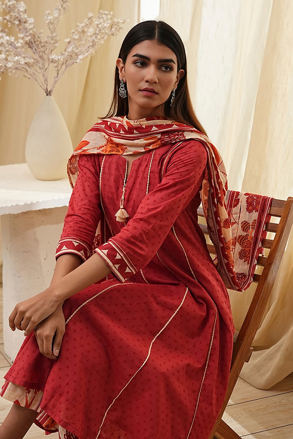 Rust Cotton Yarn-Dyed Kalidar Suit Set image number 0