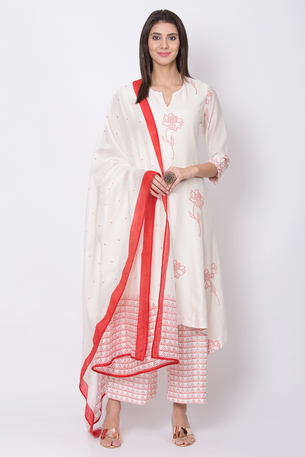 Off White Cotton Silk Straight Kurta Palazzo Suit Set image number 2