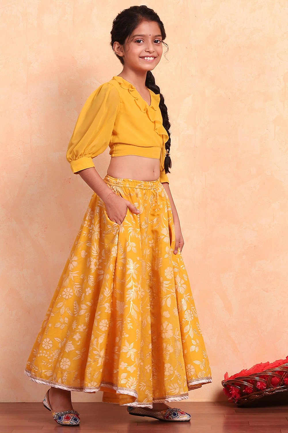 Yellow Polyester Blend Flared Lehenga Set image number 5