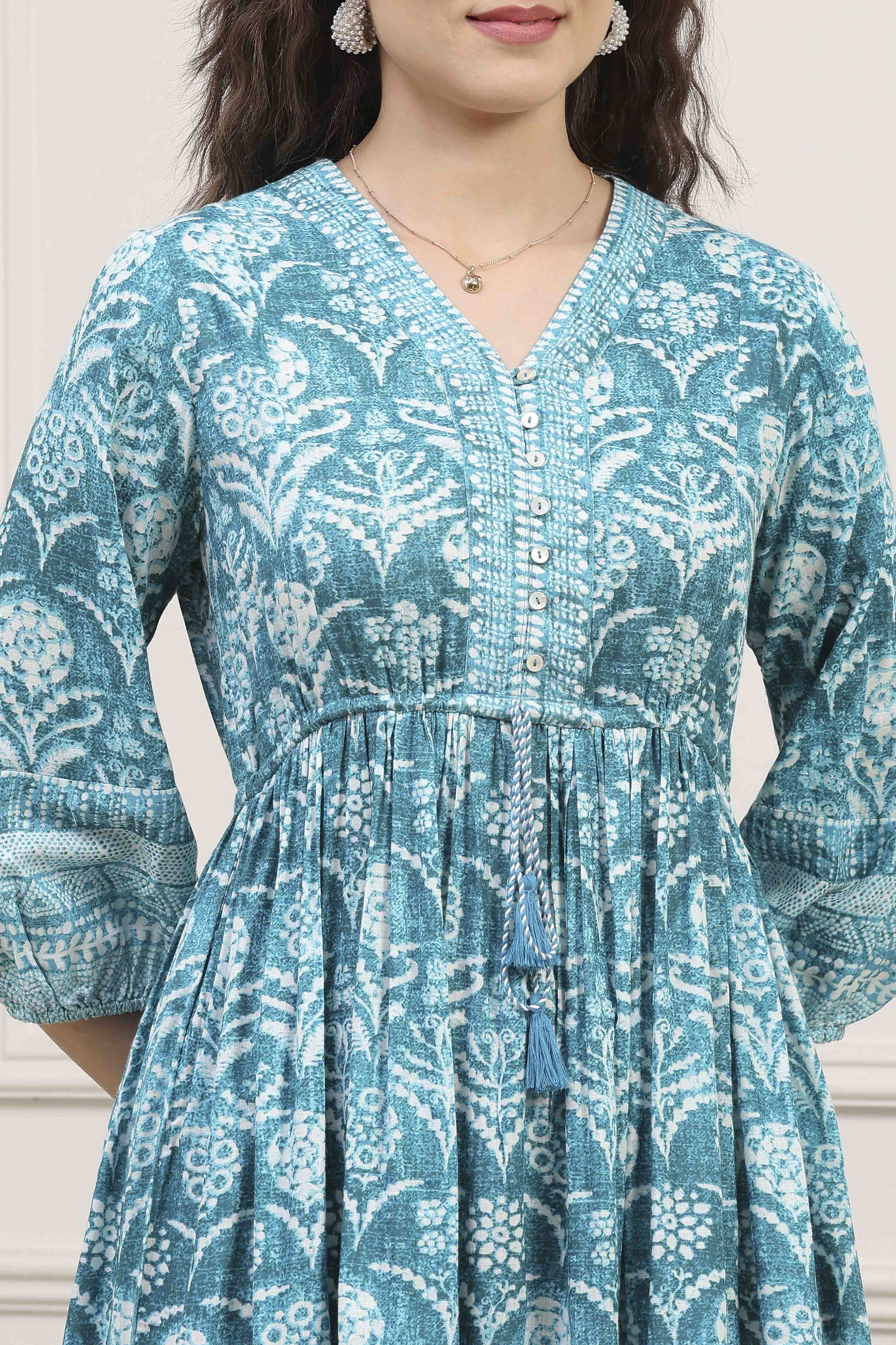 Turquoise Printed Tiered Dress image number 1