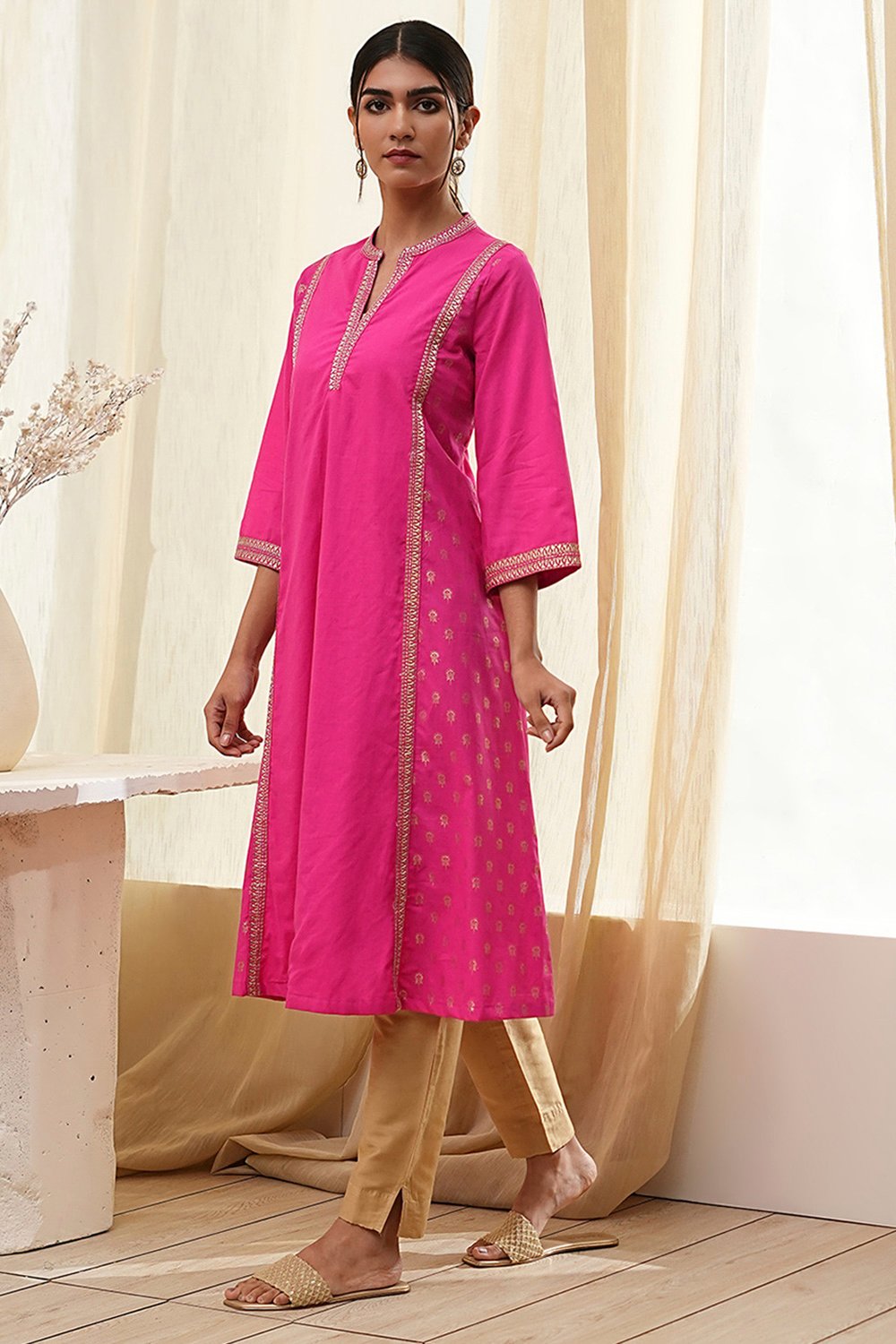 Fuchsia Cotton Printed A-Line Kurta image number 2
