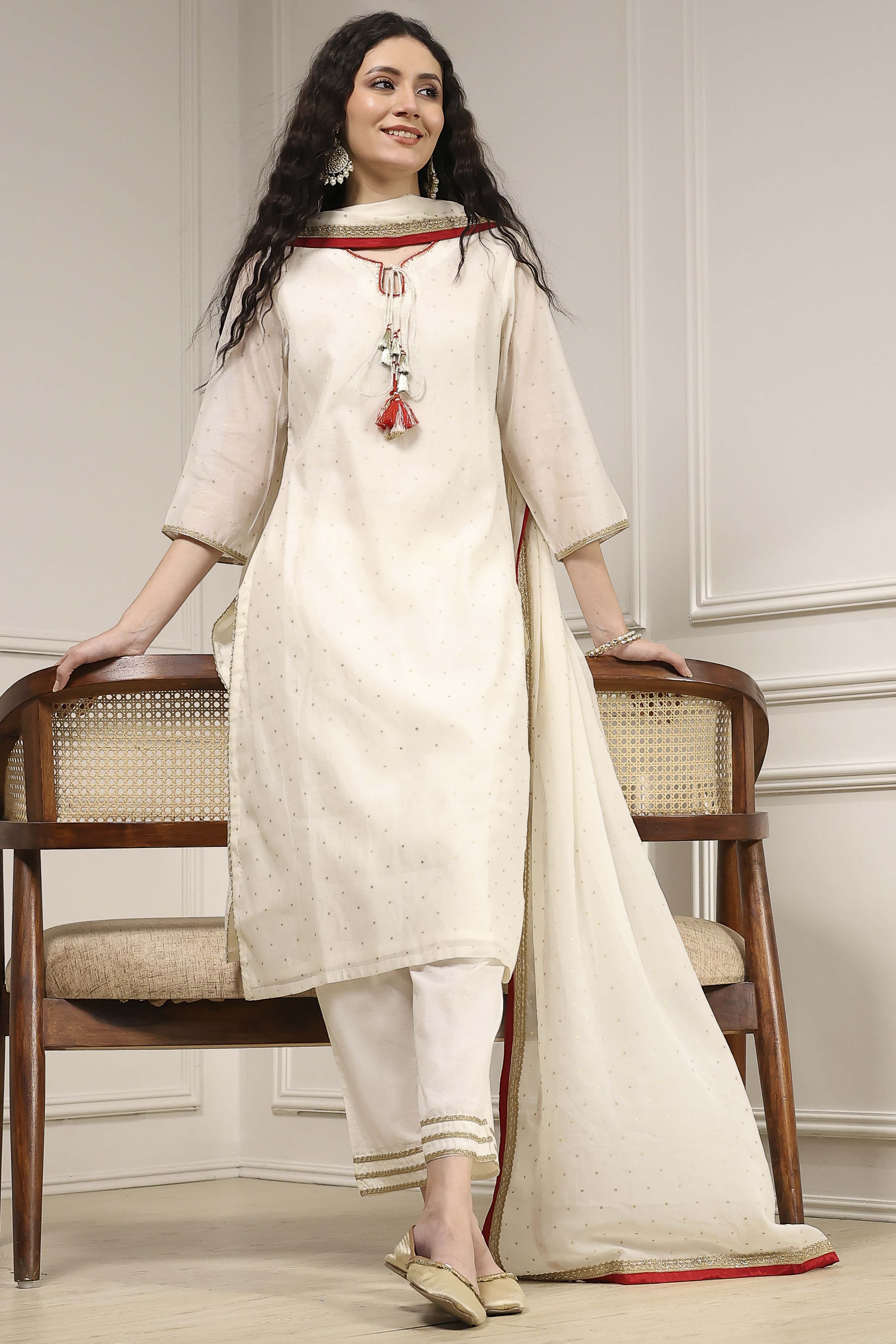 Off-White Art Silk Printed Straight Suit Set image number 0