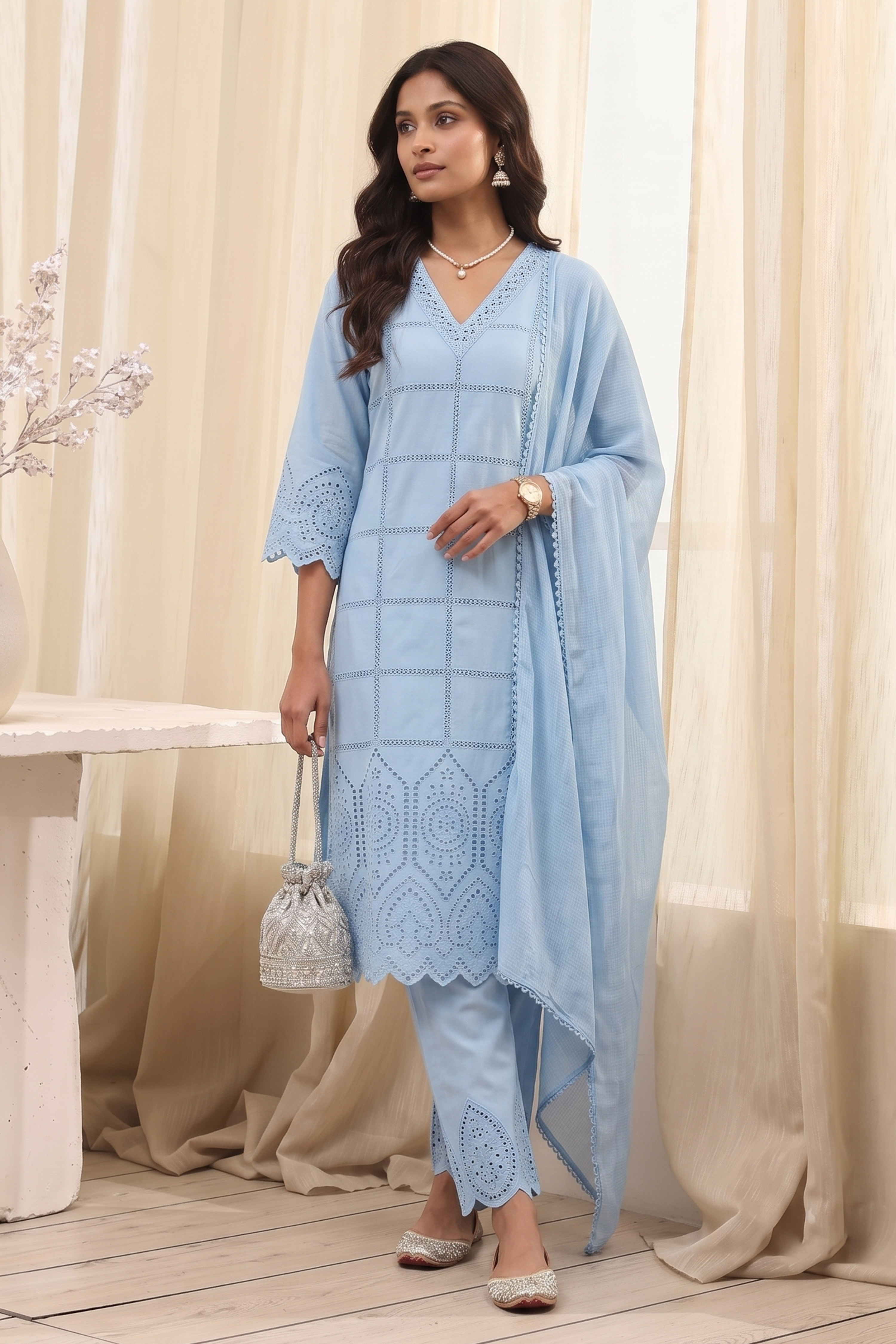 Blue Cotton Straight Suit Set image number 0