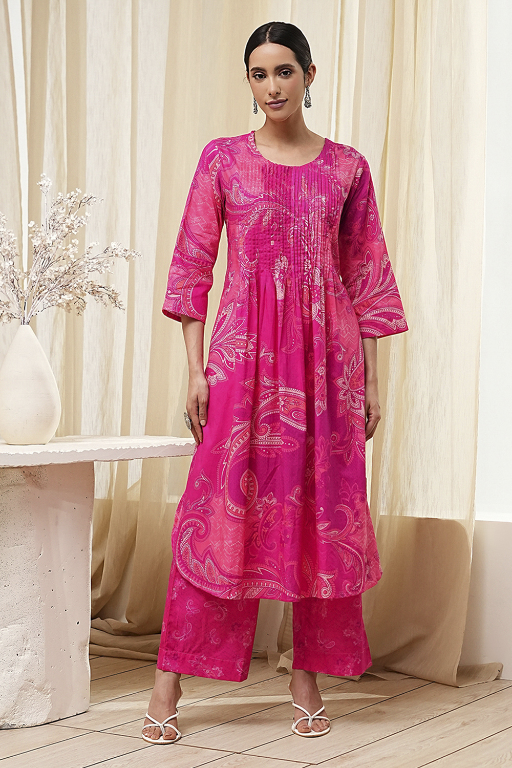 Pink Cotton Printed Pleated Kurta Set image number 6