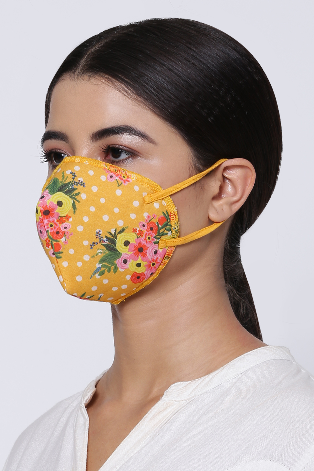 Yellow Cotton Floral Printed Face Mask image number 2