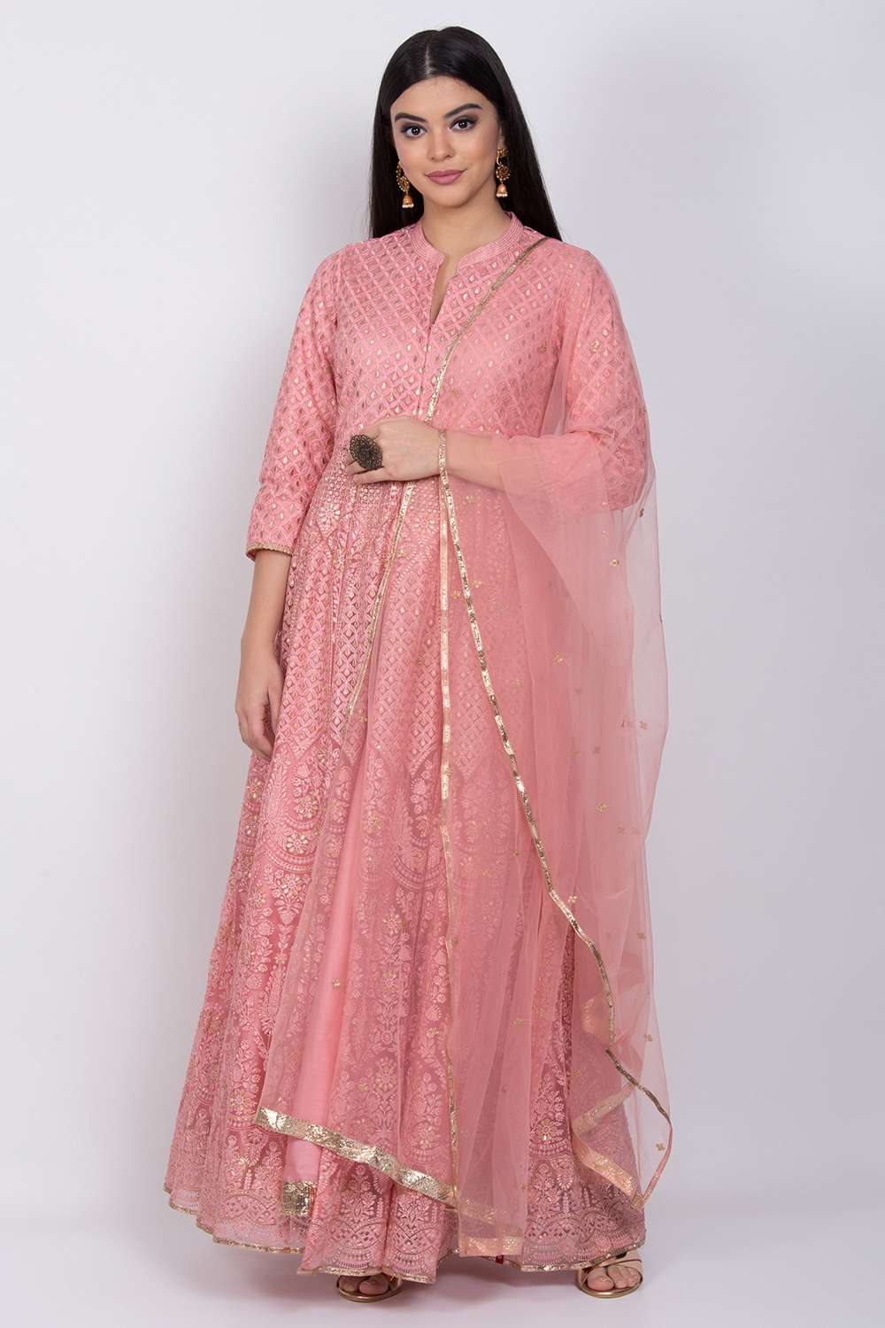 Dusky Pink Front Open Anarkali Kurta Lehenga Suit Set image number 2