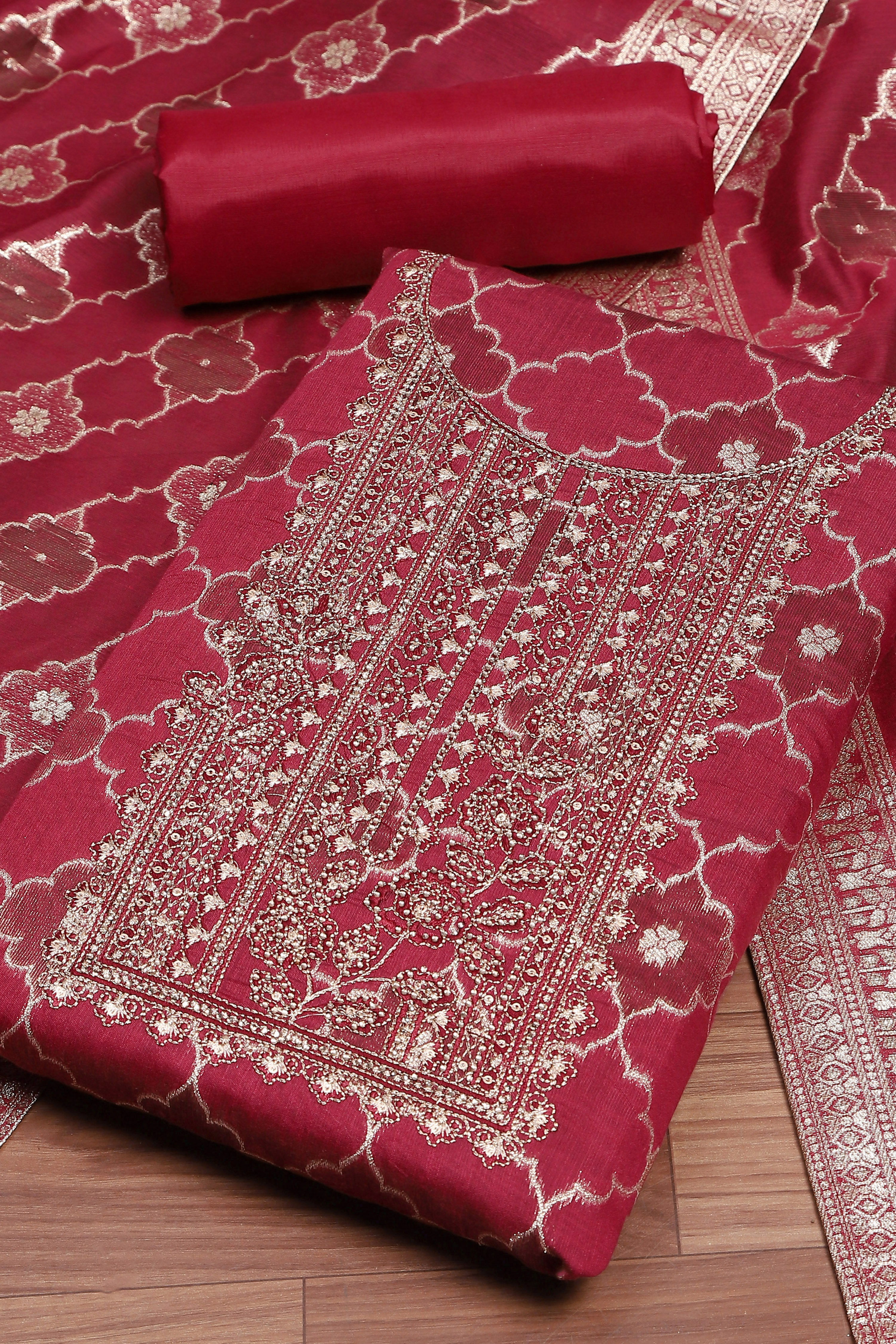 Lavender Tissue Chanderi Embroidered Unstitched Suit Set image number 1