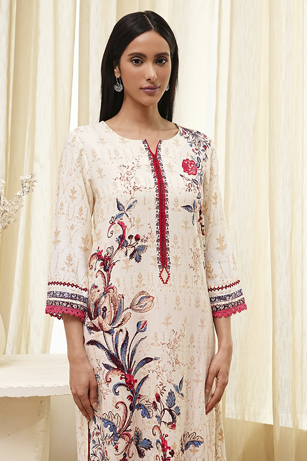 Ecru Floral Printed Straight Kurta image number 1