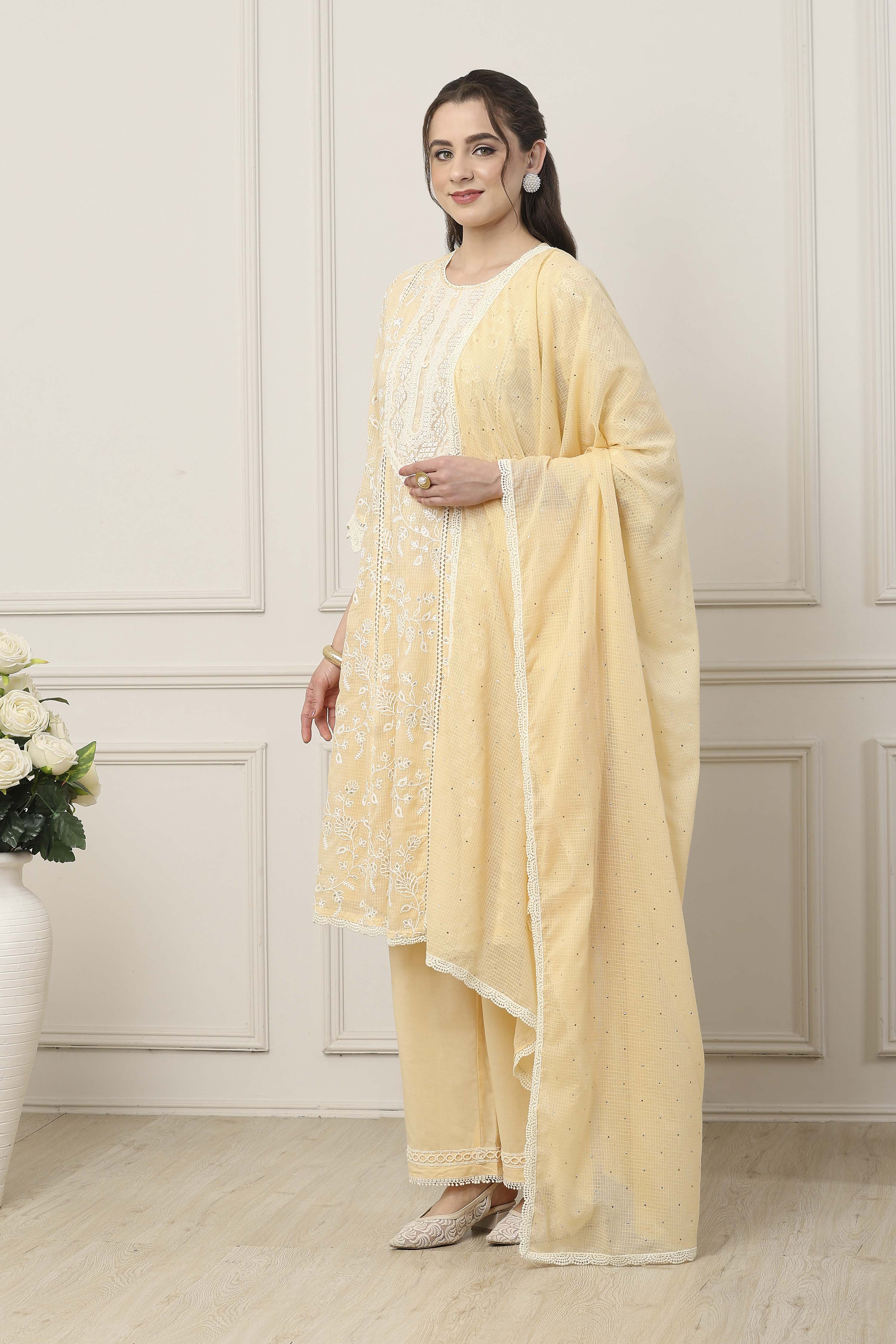 Beige Cotton Kalidar Suit Set image number 3