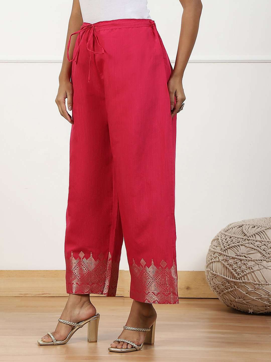 Blue Jacquard Solid Straight Palazzo Pants image number 2