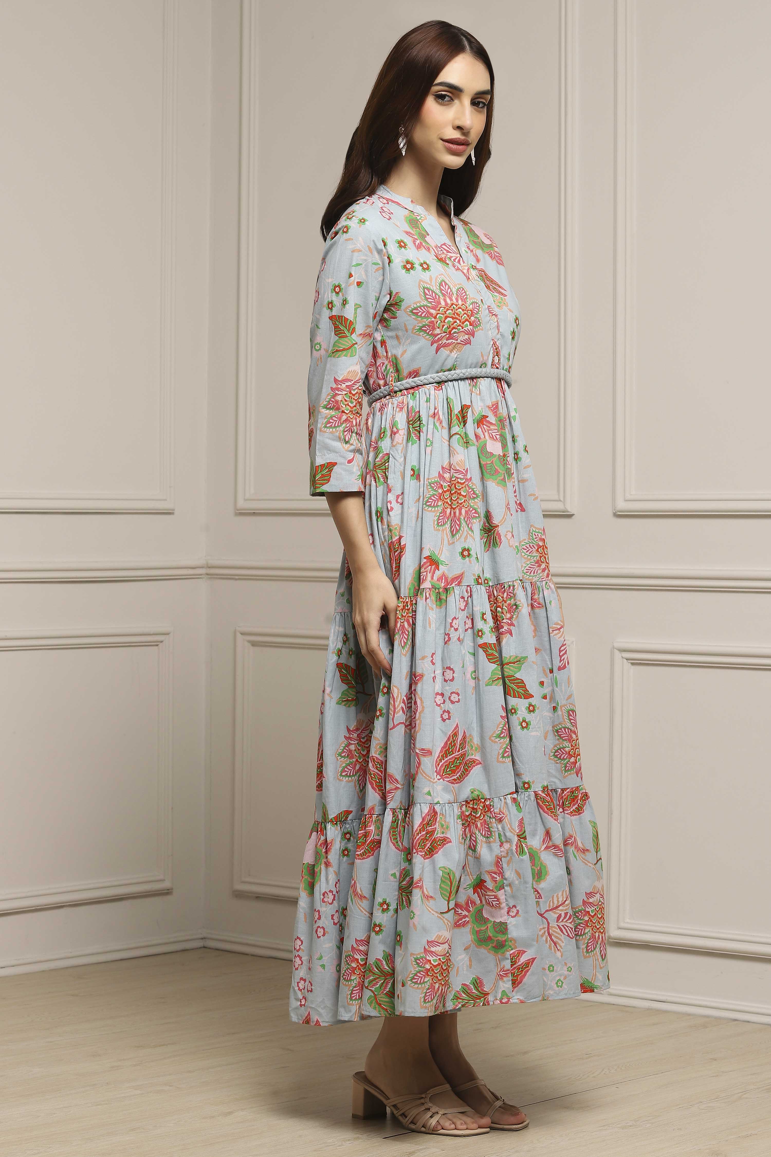 Earthy Blue Cotton Floral Tiered Dress image number 4
