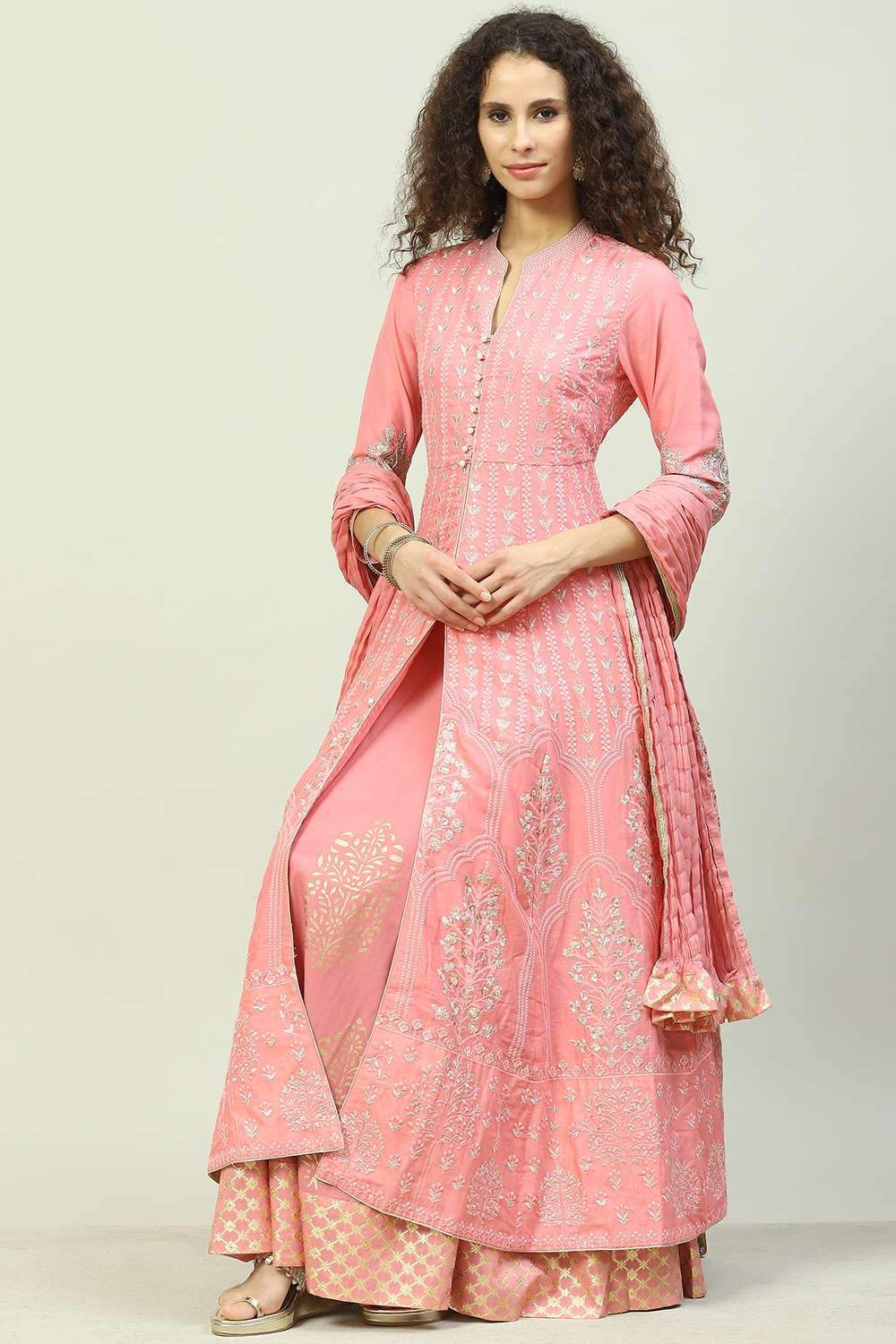 Off White Cotton Anarkali Kurta Lehenga Suit Set image number 7