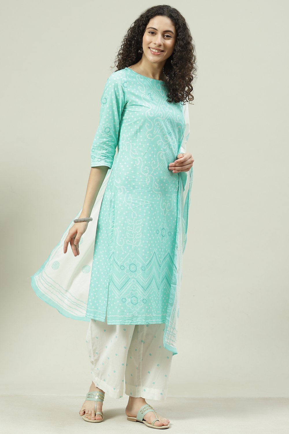 Aqua Printed Cotton Straight Kurta Palazzo Suit Set image number 6