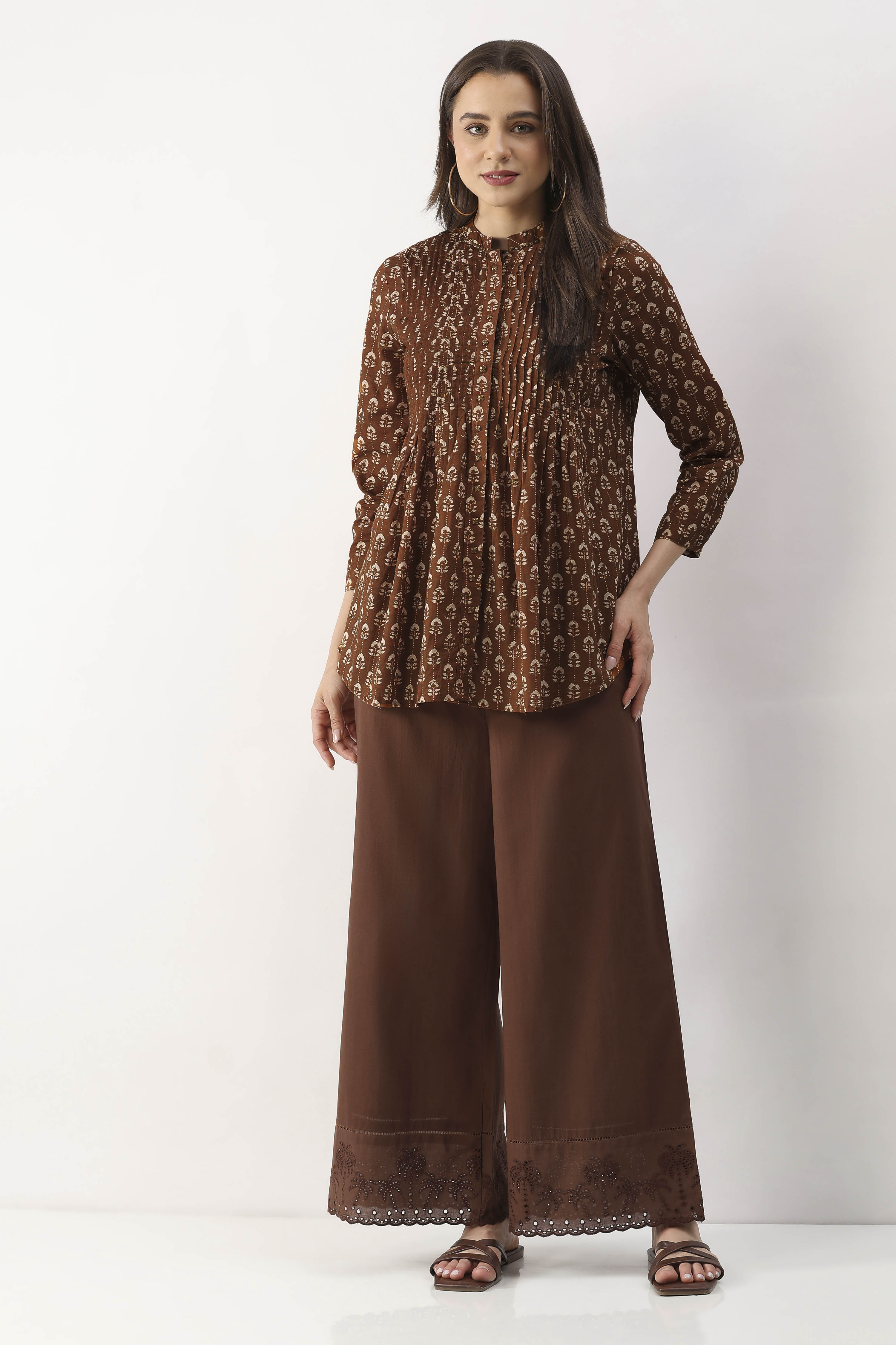 Brown Cotton Flared Palazzo image number 0