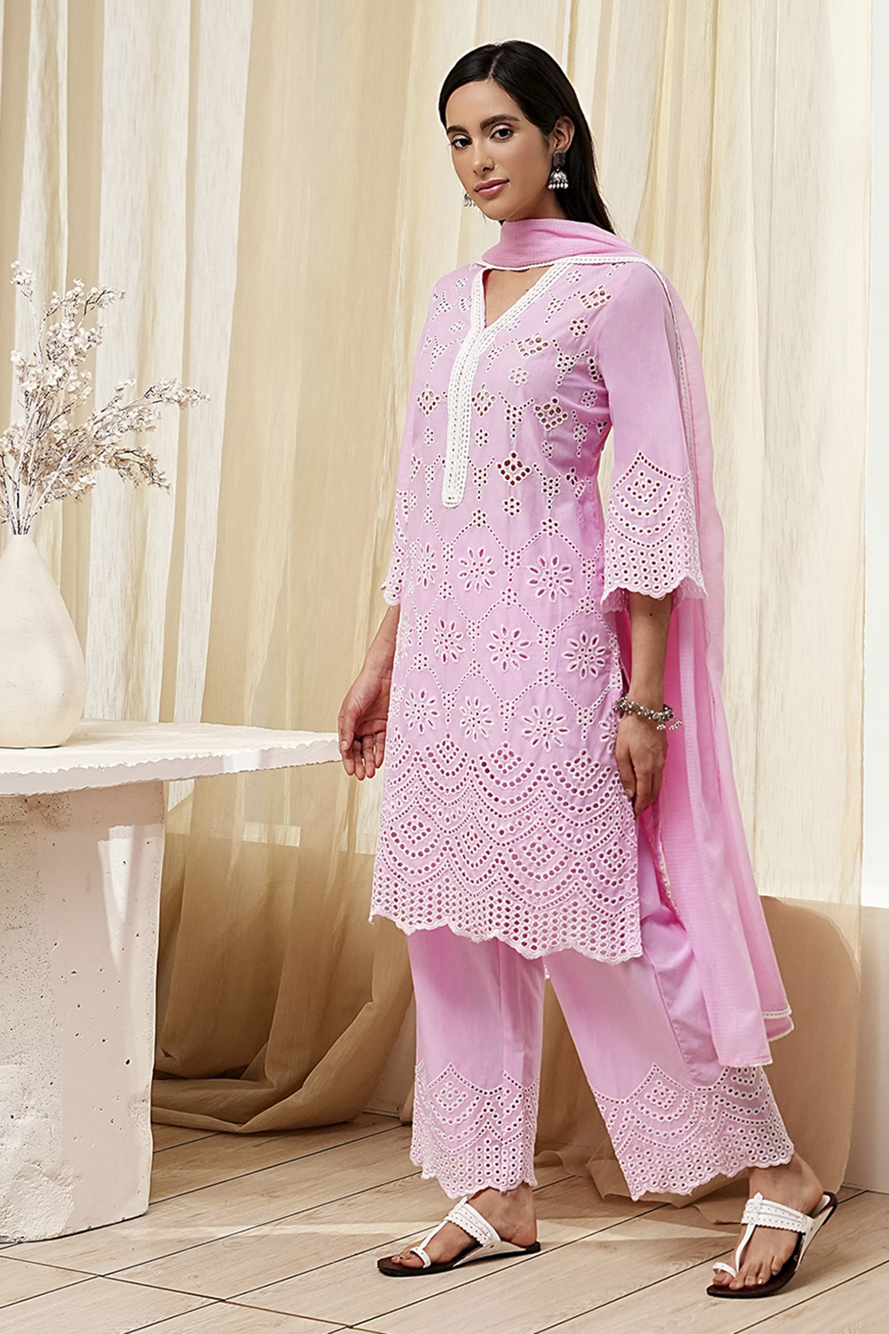 Pink Cotton Schiffli Straight Suit Set image number 3