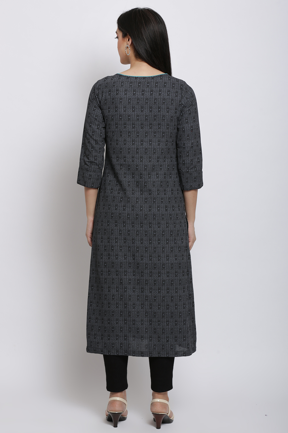 Black Cotton Flax Straight Printed Kurta image number 4