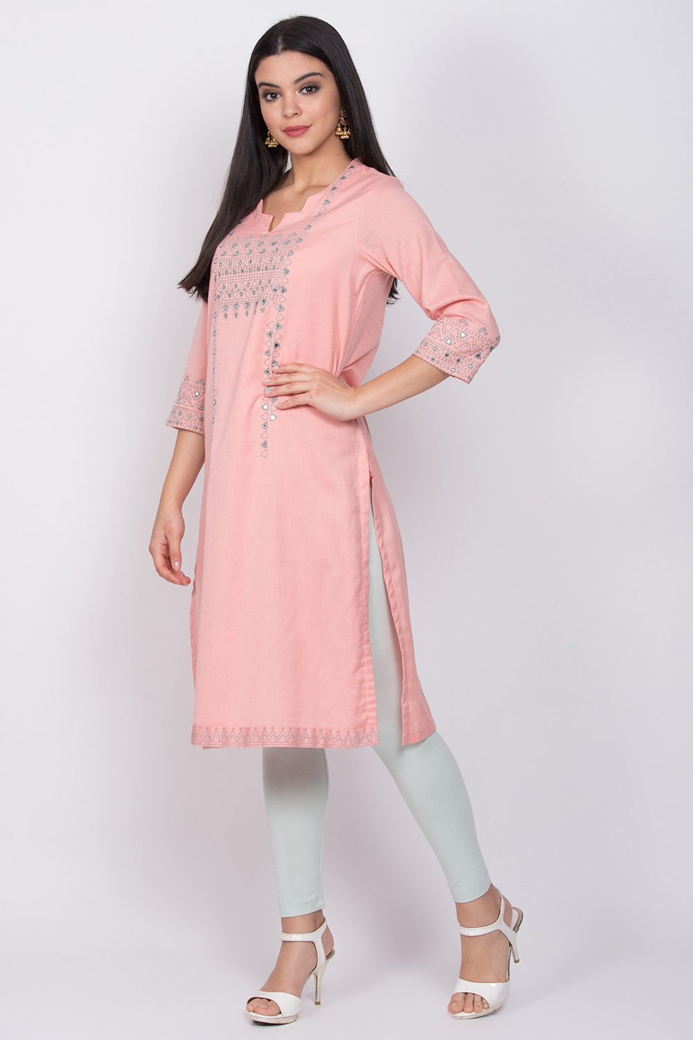 Peach Cotton Flax Straight Printed Kurta image number 2