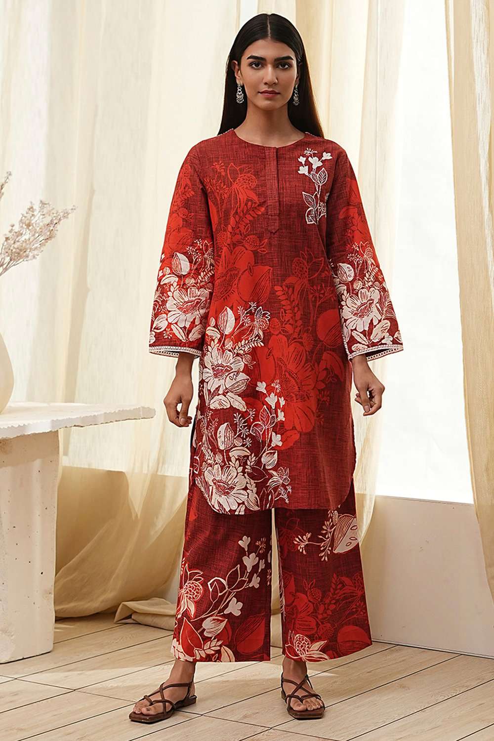 Rust Cotton Floral Straight Kurta Set image number 6