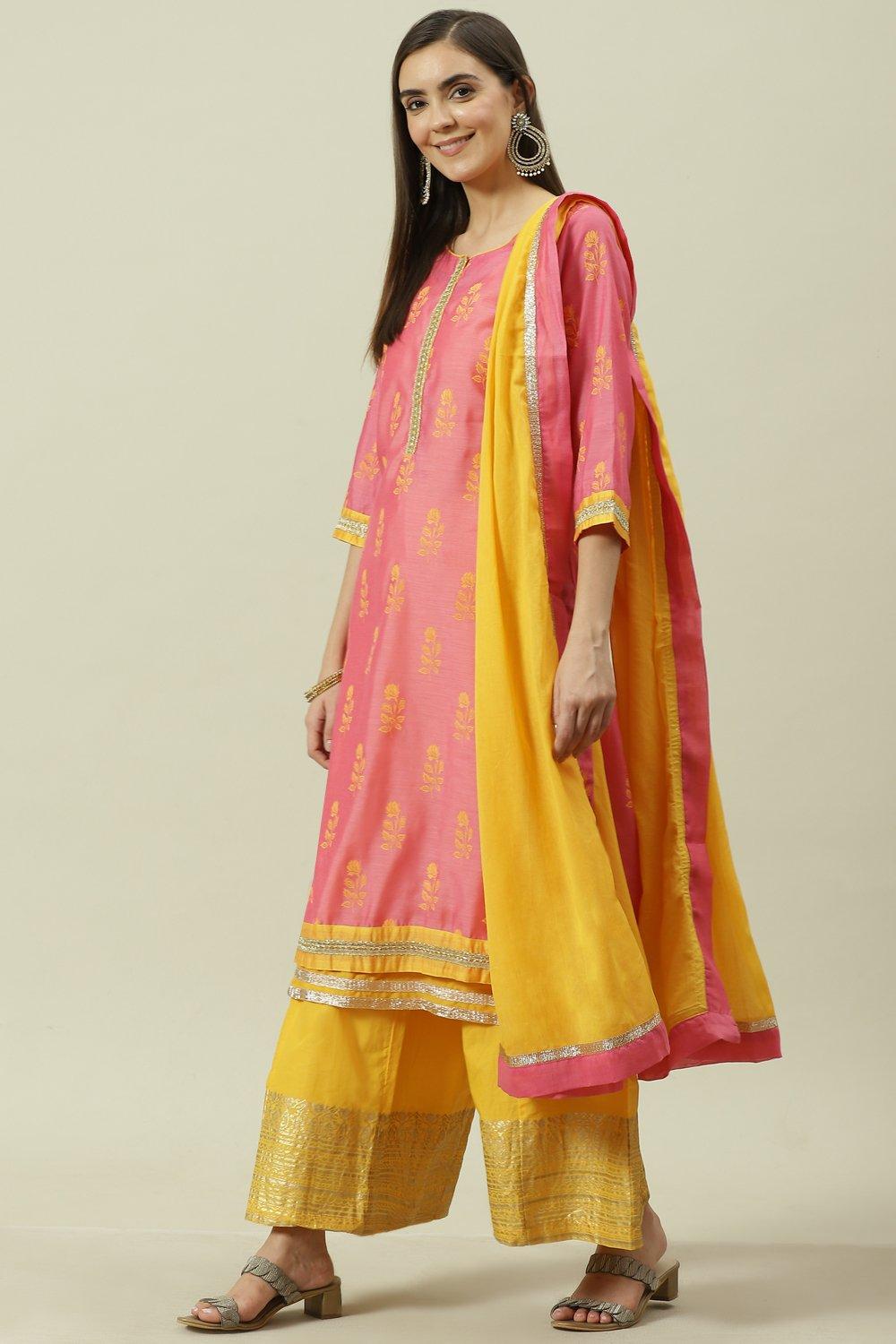 Pink & Yellow Printed Layered Kurta Palazzo Suit Set image number 6