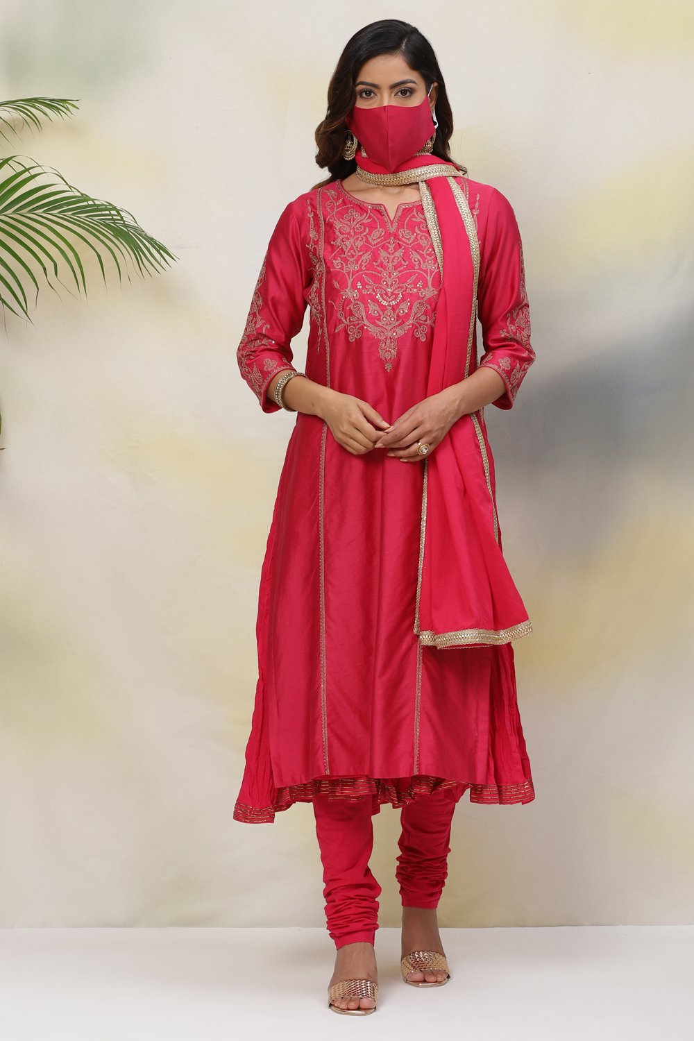 Crimson Red Cotton Silk Straight Kurta Churidar Suit Set image number 4