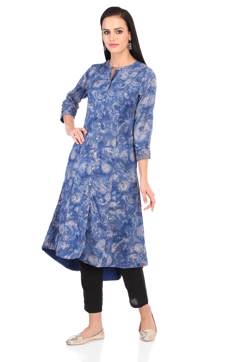 Blue A-Line Art Silk Printed Kurta image number 3