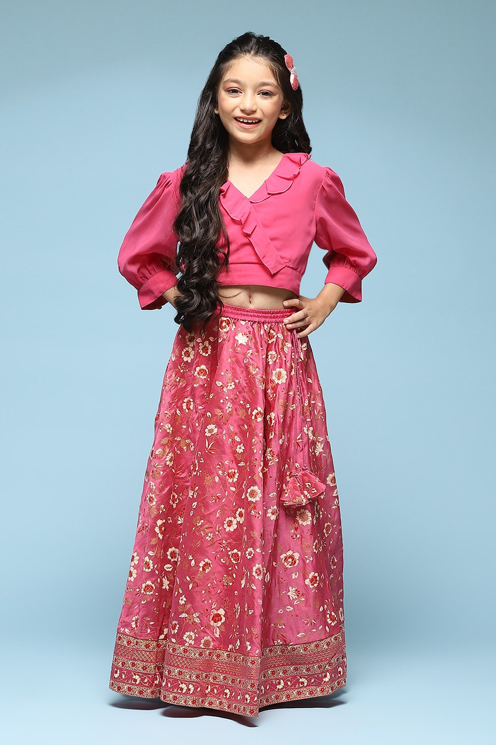 Pink Polyester Flared Printed Lehenga Set image number 6